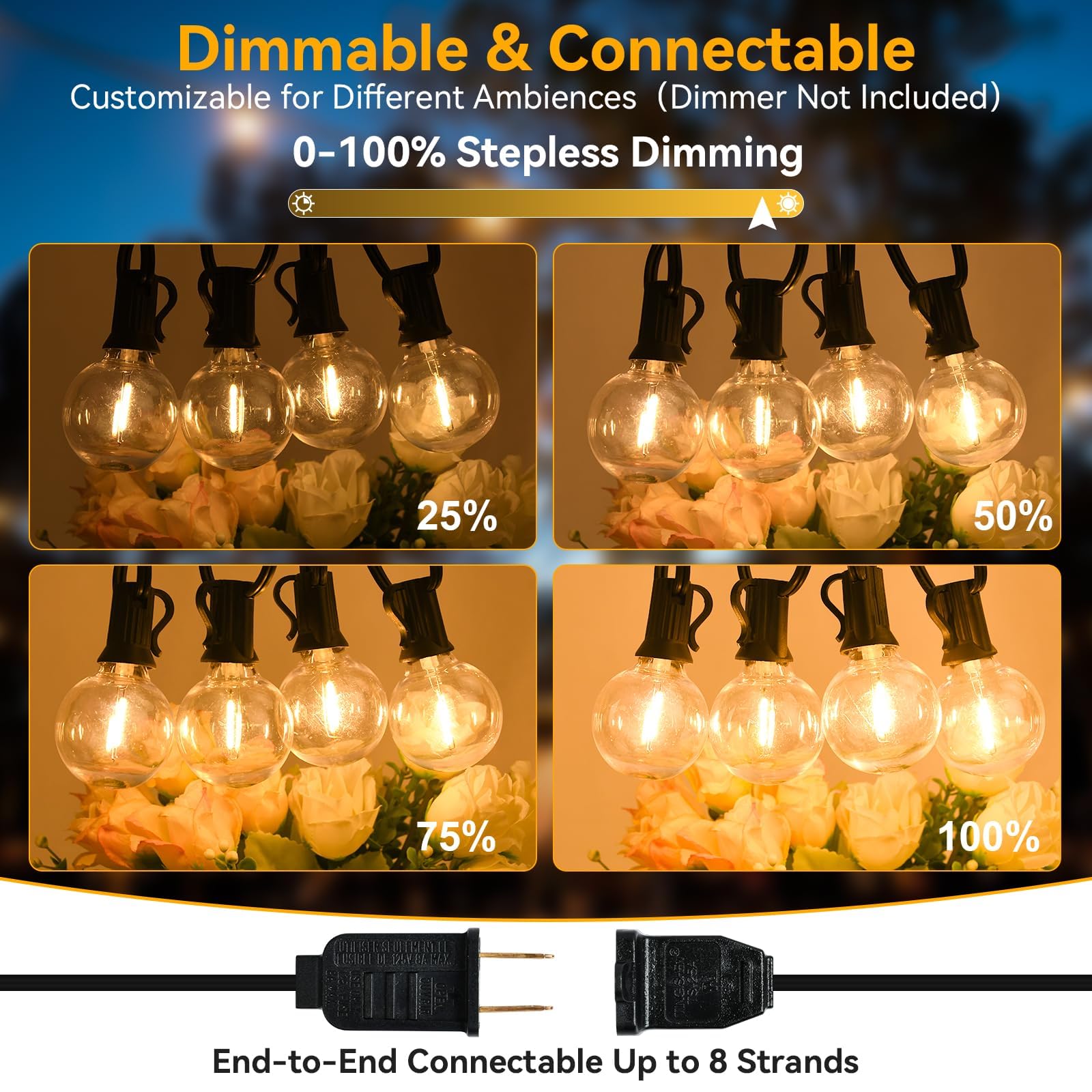Arbrac 100Ft Outdoor String Lights Waterproof/Connectable/Dimmable With 62 Led Shatterproof Bulbs Ul Listed, G40 Globe 2700K Pat