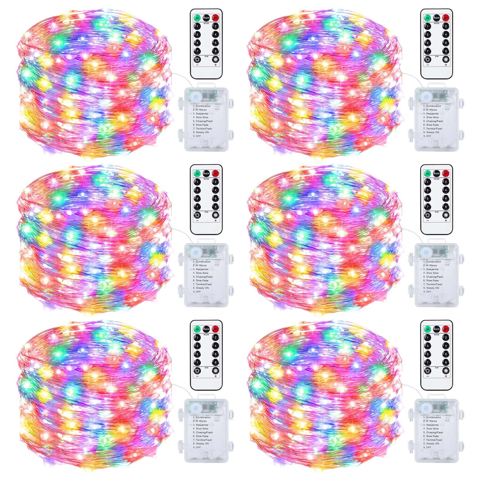Mlambert 6 Pack 33FT Fairy Lights Battery Operated with Remote and Timer, Dimmable Waterproof 8 Modes Twinkle Light for Christmas Decor-Multicolor