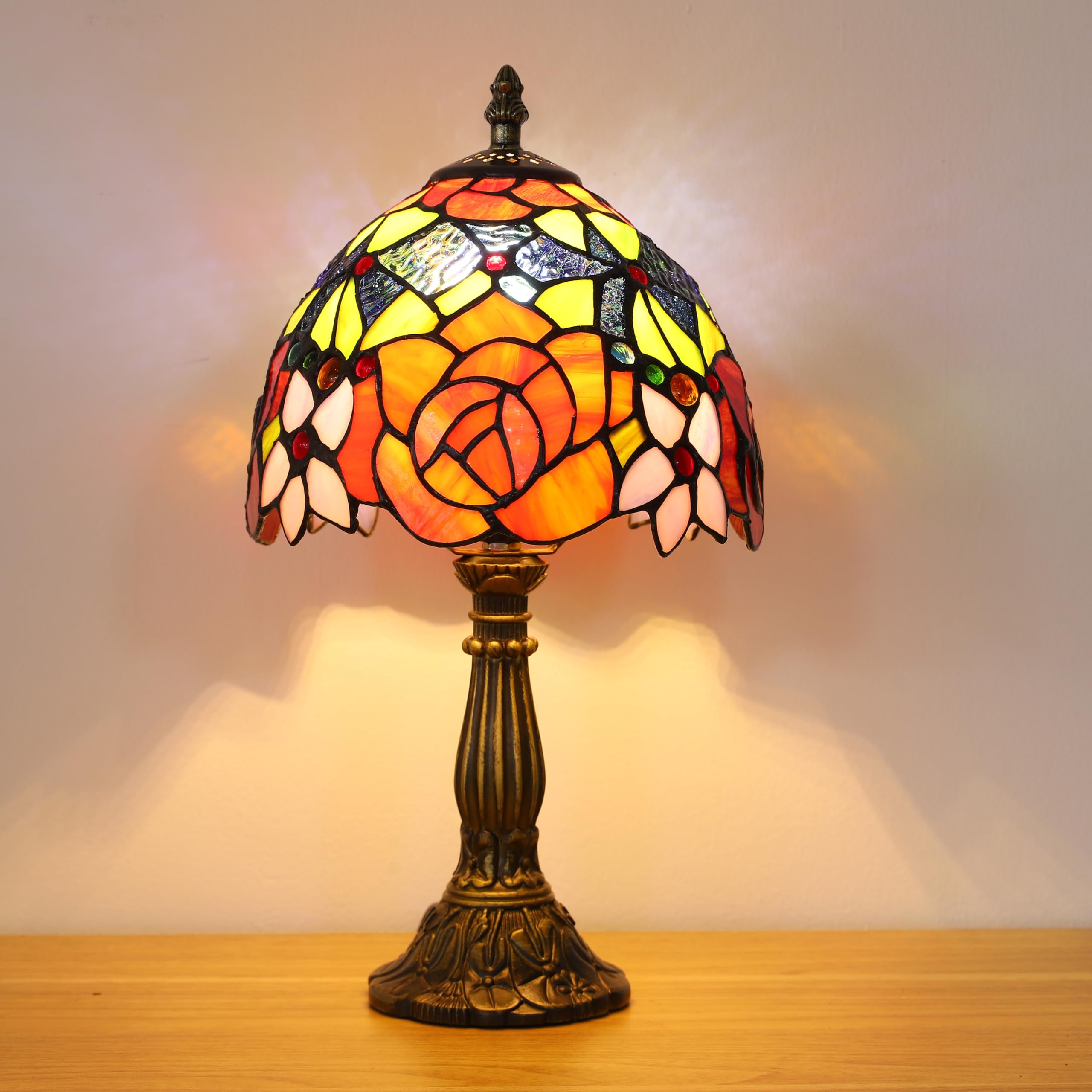 Tuomoxte Tiffany Style Table Lamp, 8 Inch Stained Glass Lamp, Rose Flower Pattern, Small Antique Lamp, Bedside Lamp, For Nightst