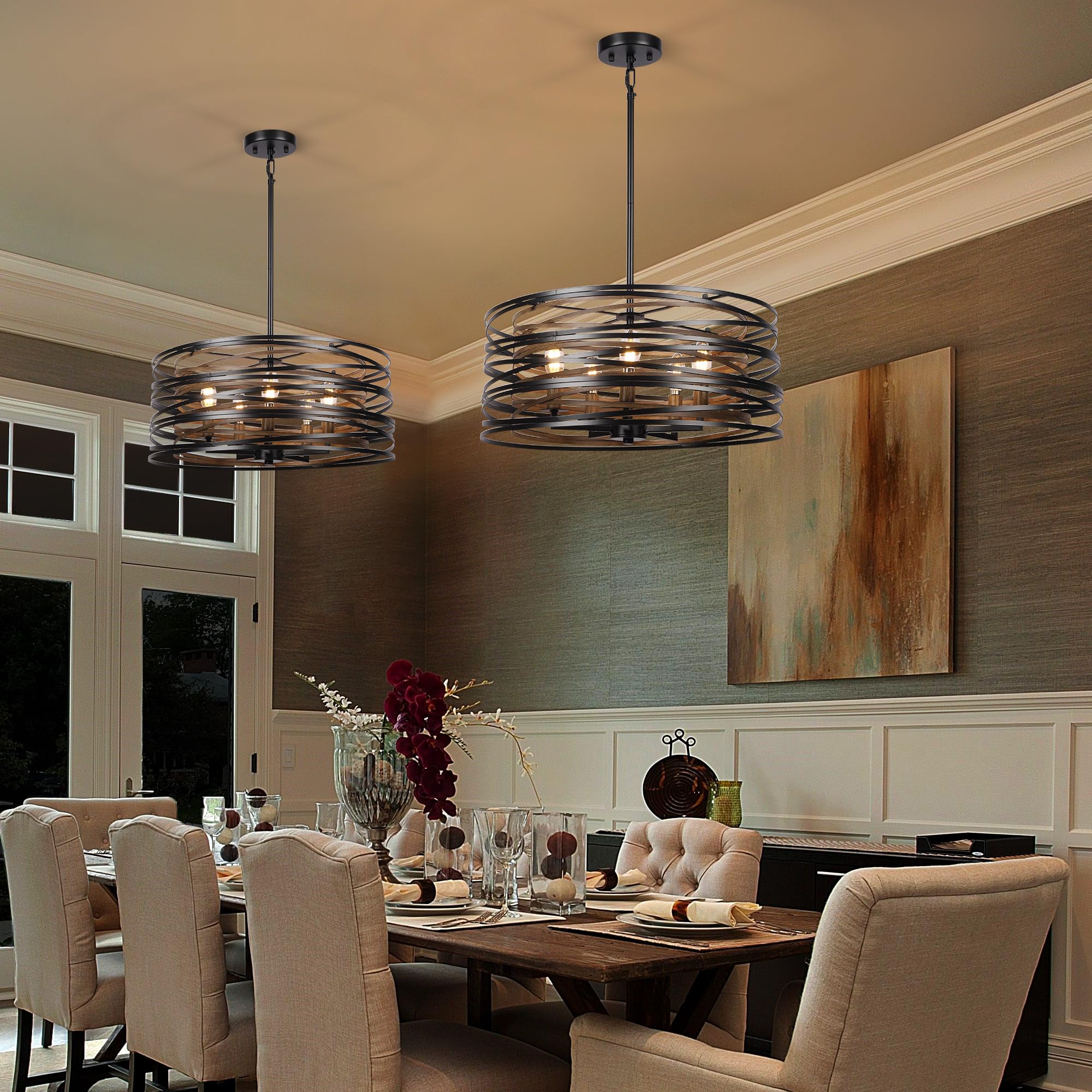 Sigaitwei 5-Light Rustic Drum Chandelier - Vintage Black Metal & Wood Grain - Ideal for Dining Room, Kitchen, Entryway, Living Room