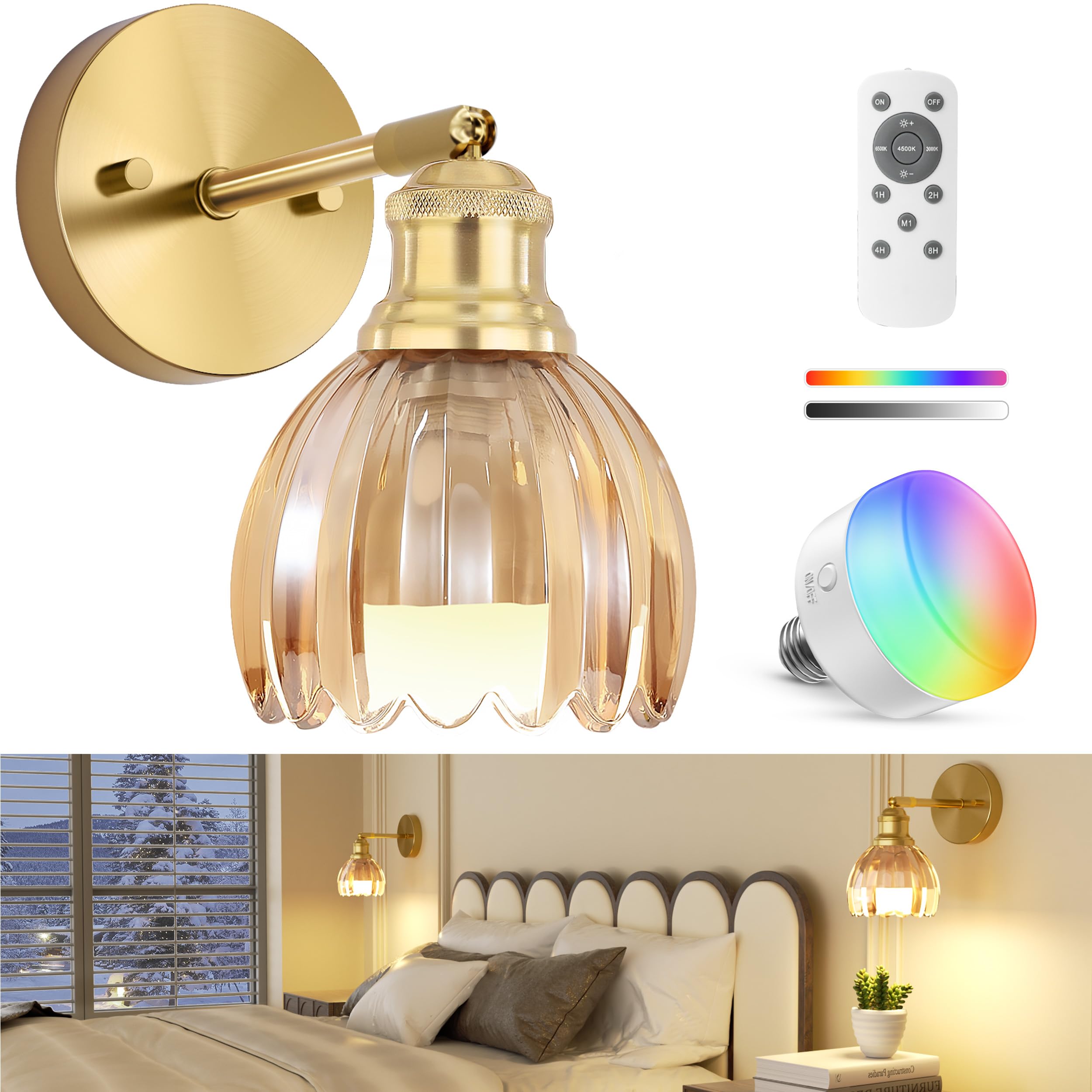 VOLISUN Vintage Battery Operated Wall Sconce,with Amber Tulip Glass Lampshade, Wireless Wall Sconce, Rechargeable Battery Powere