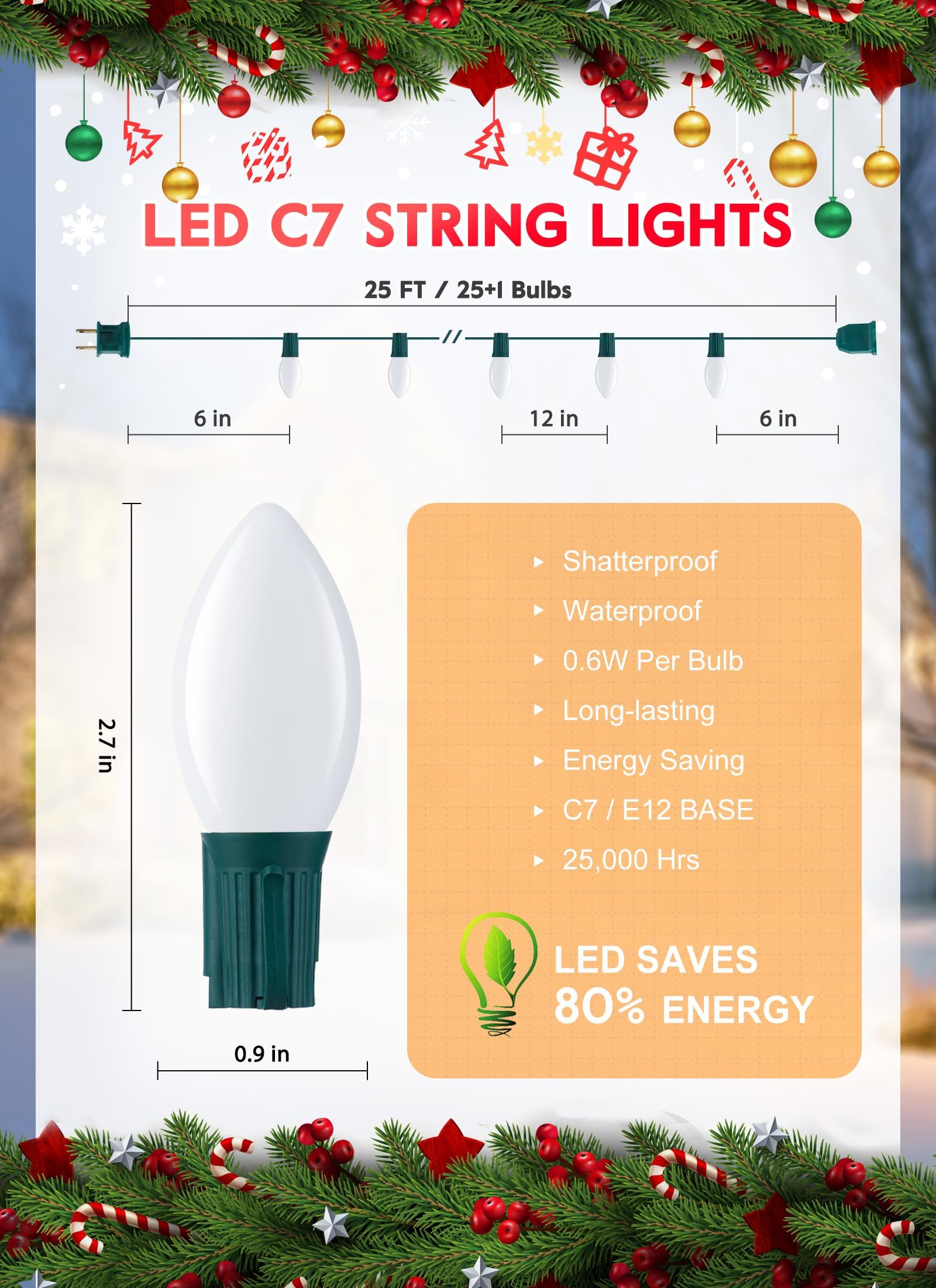 Brightown C7 Pure White Led Christmas Lights, 25Ft Vintage String Lights With 25+1 Plastic Bulbs, E12 Candelabra Base, Outdoor R