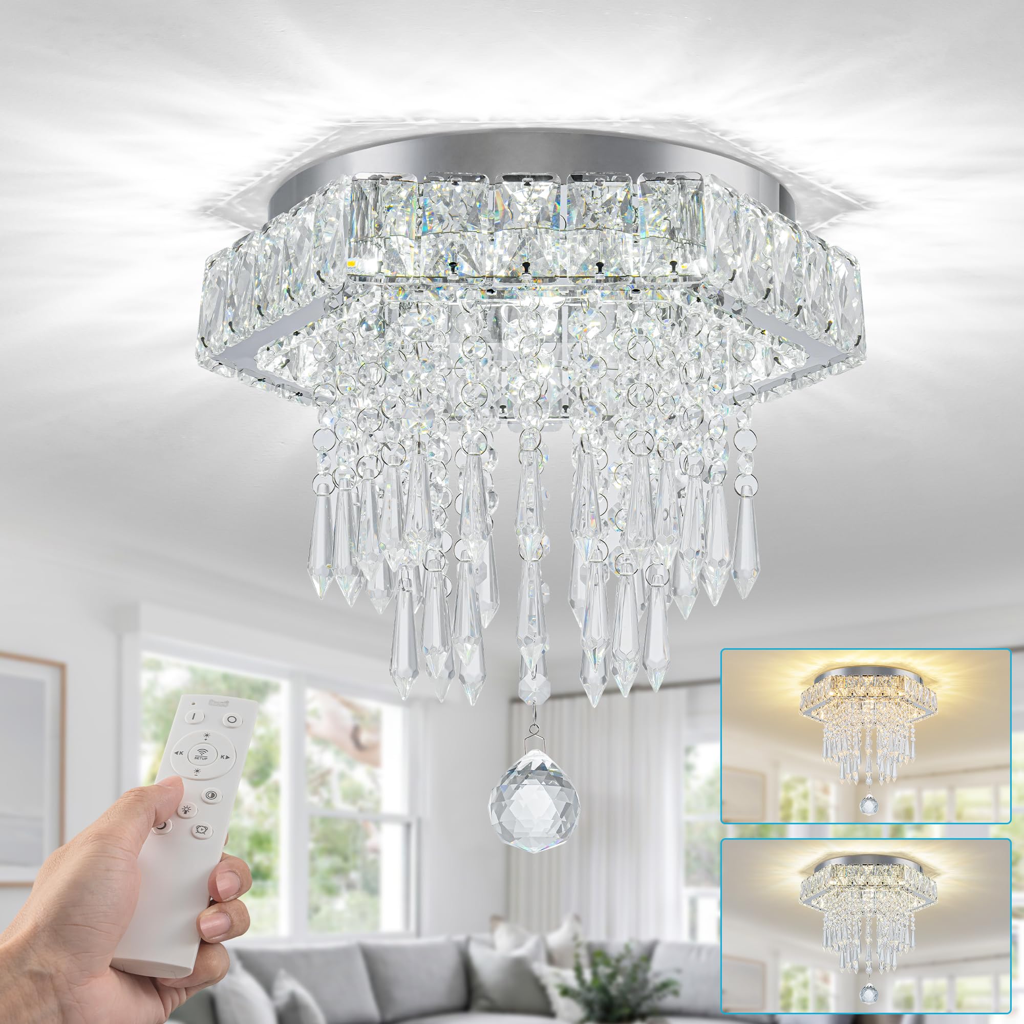 HomLaiting 11.8” Crystal Ceiling Light Fixture, Modern Hexagon LED Chandelier, Dimmable 3000K-6500K, Flush Mount, TriColor