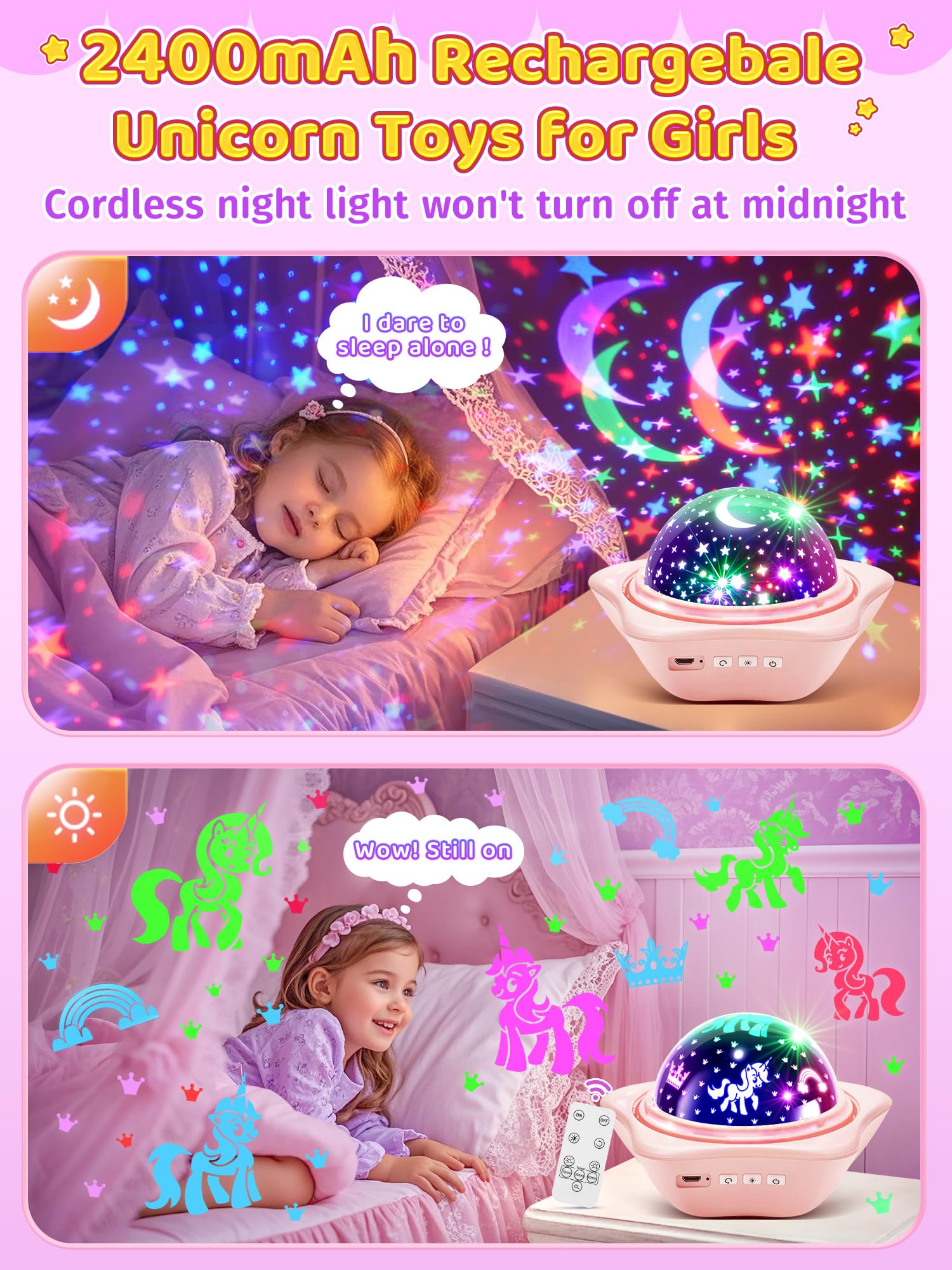 PIKOY Unicorn Night Light for Girls Room Decor, 96 Lights, 360° Rotation, Pink, WH-E07, Ideal Birthday Gift for Ages 3-6