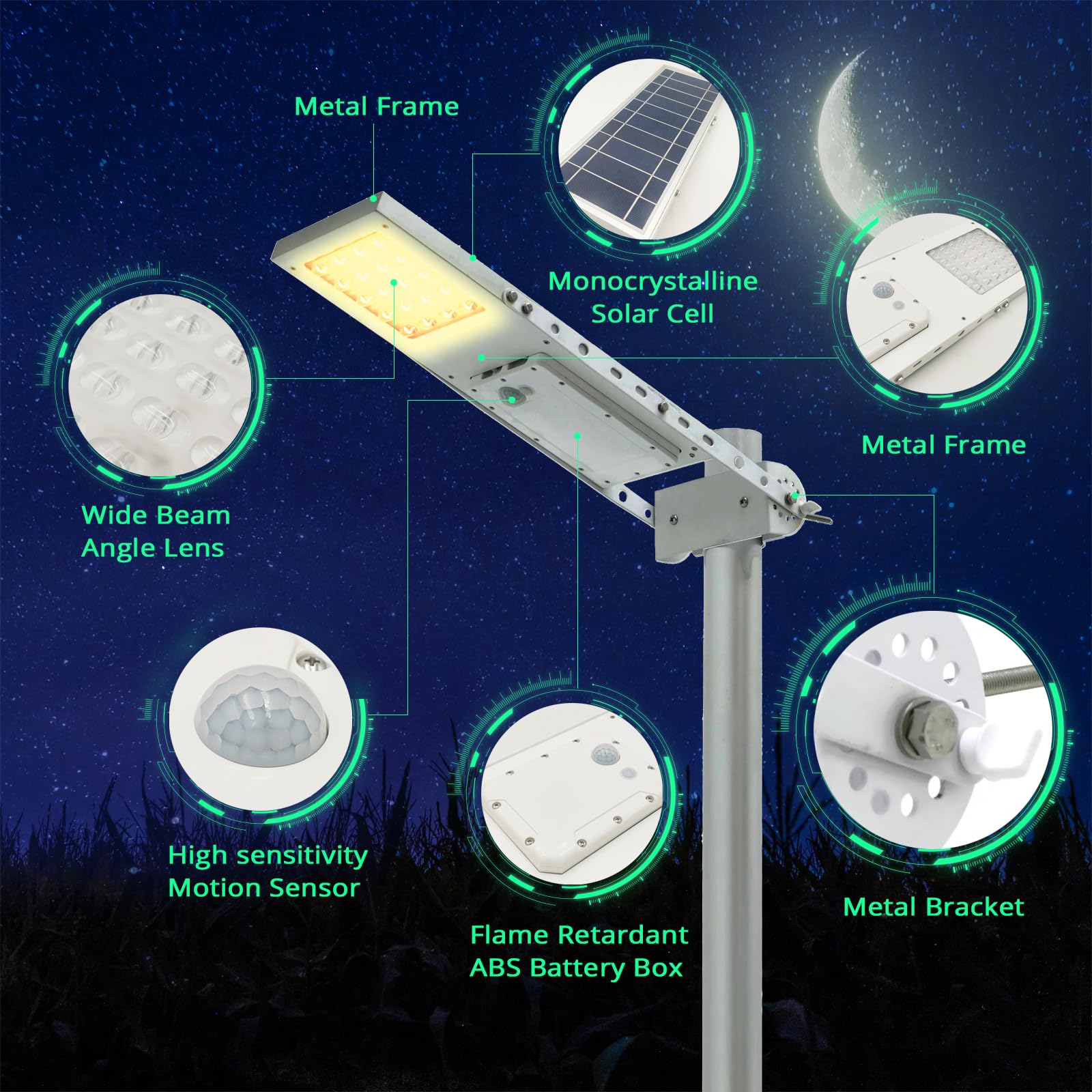 Solar Light Mart Alpha 1080X Solar Street Light - Motion Sensor, Dimmable, Waterproof, Warm White 2800K, Max Pole Diameter 3in