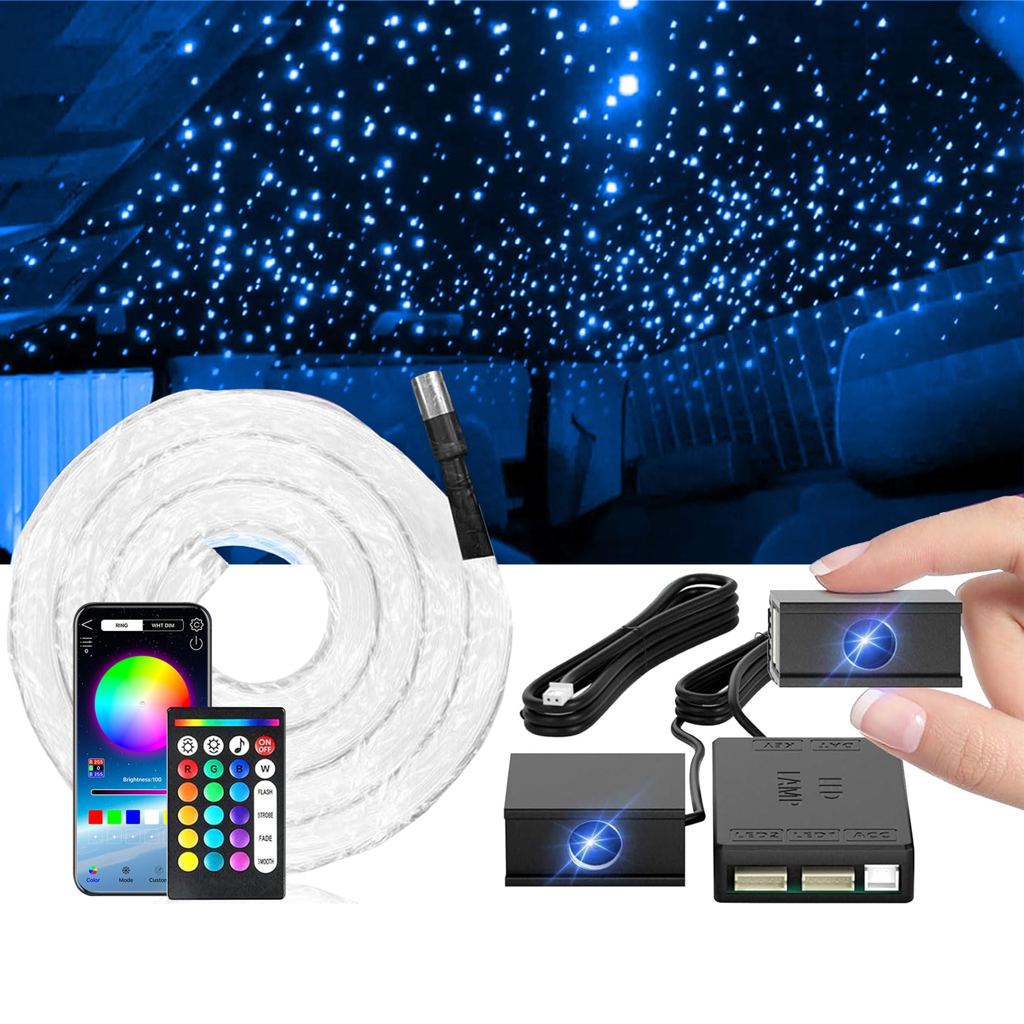 Split Starlight Headliner Kit - 400pcs 0.02in 4.9ft Fiber Optic RGBW Star Lights for Car with 2 Light Heads 16W Engine Easy to H