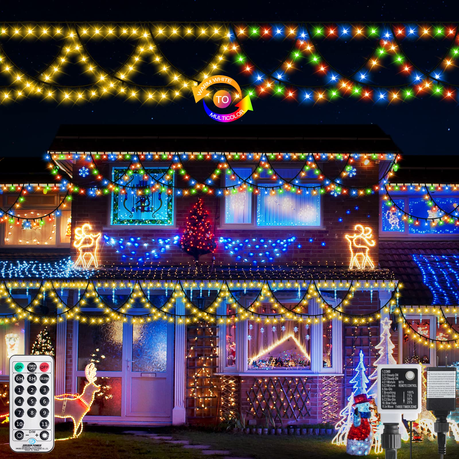 XTF2015 Outdoor Christmas Lights 40FT 380 LED Color Changing String Lights Warm White + Multicolor Model QL300IE