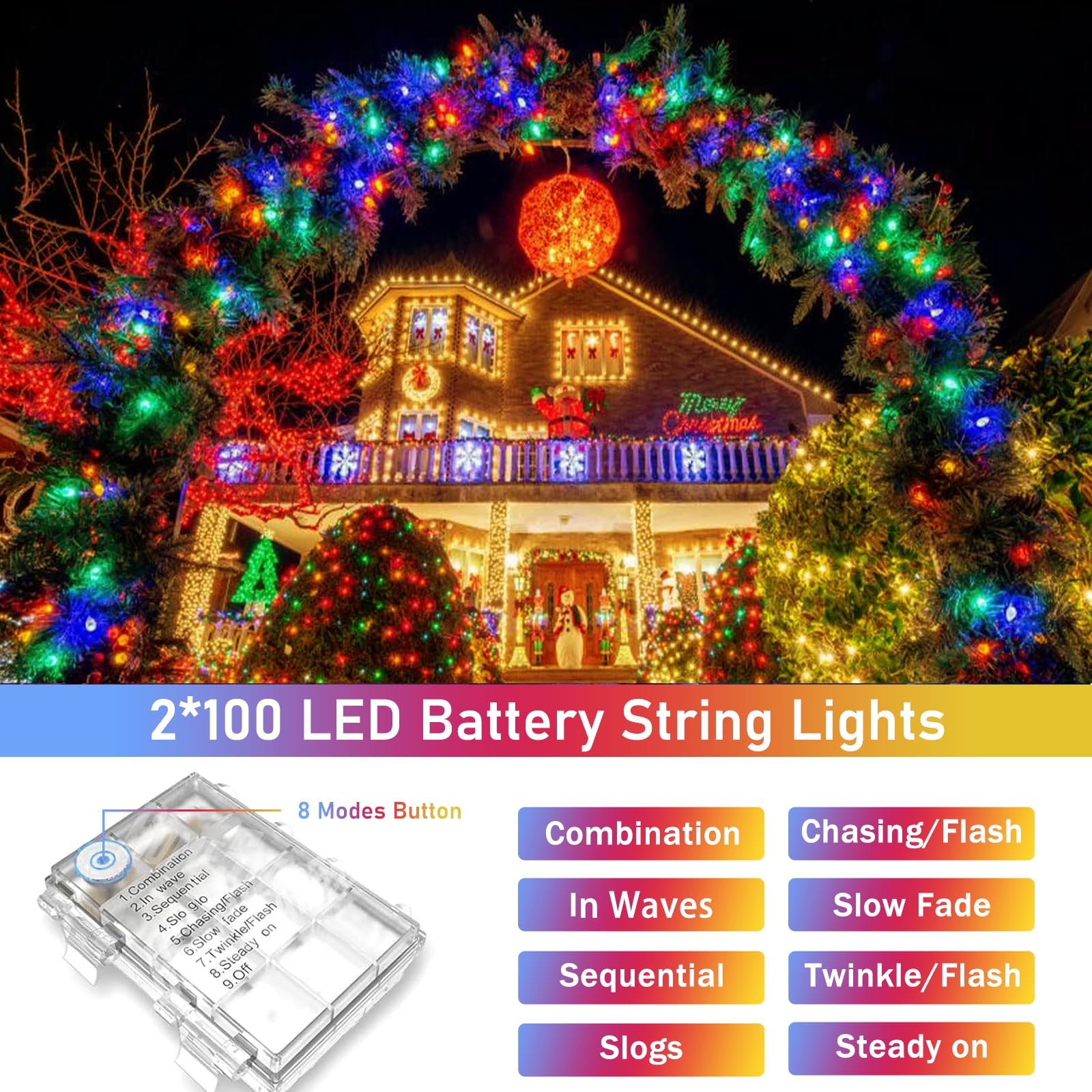 Potive Total 66Ft 200 Led Led Multicolor Christmas Lights Outdoor, 2 Pack Battery Operated Fairy Christmas Lights With Remote, 8