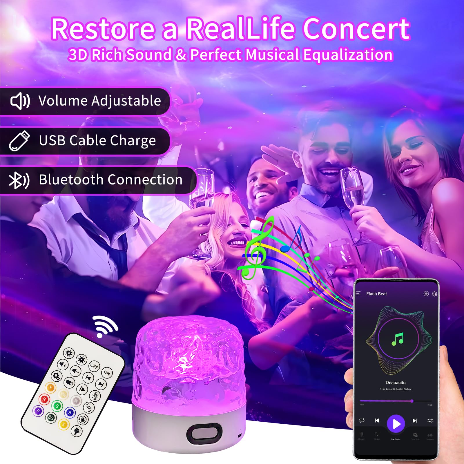 Luminorthe Cube Lamp, Ocean Wave Projector Light With Bluetooth Speaker, Rgb Color Changing With Remote Control, Water Wave Ligh