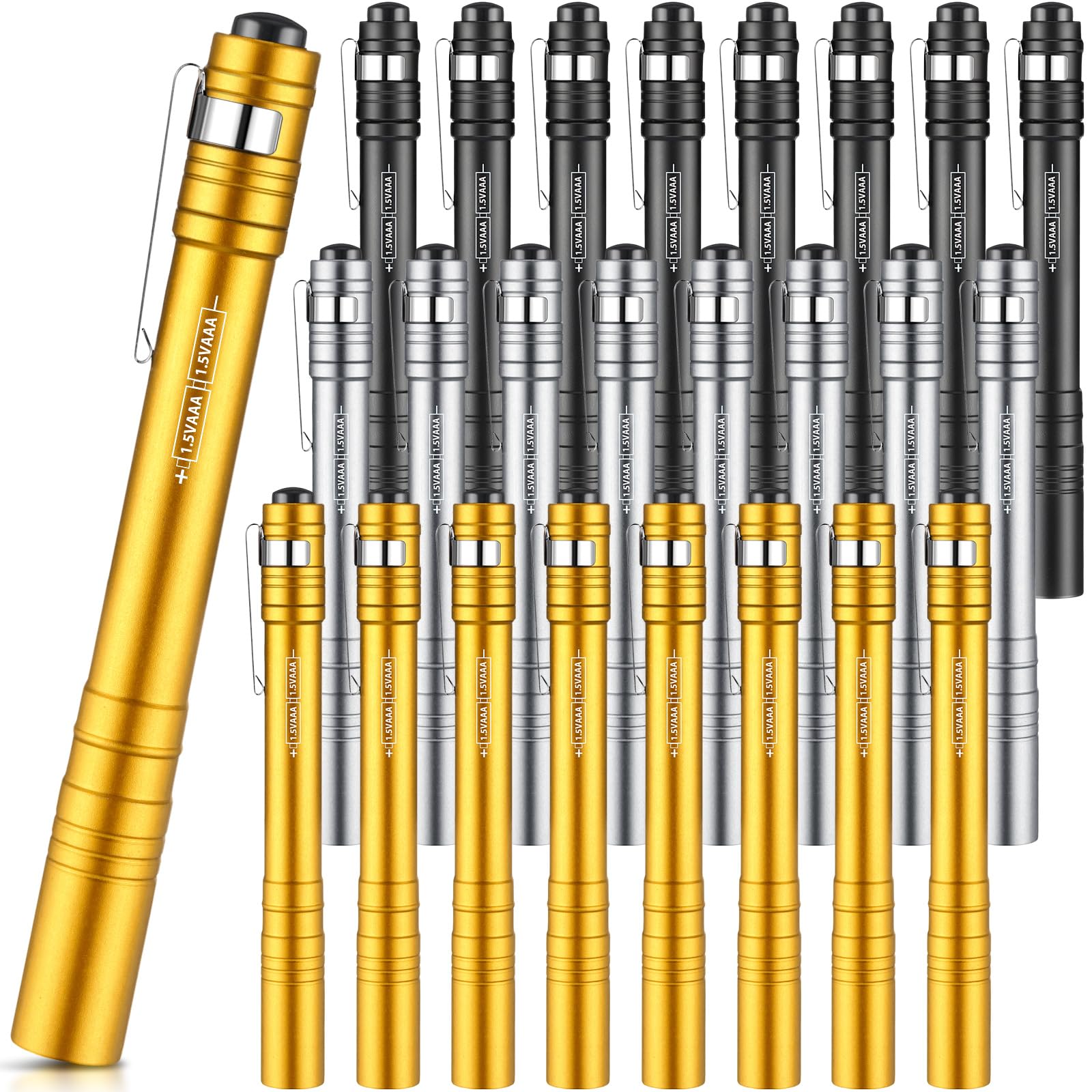 Rossesay Mini Pen Flashlights 24 Pack LED Aluminum Pocket Lights Black/Silver/Yellow XUU-Rossesay-0834