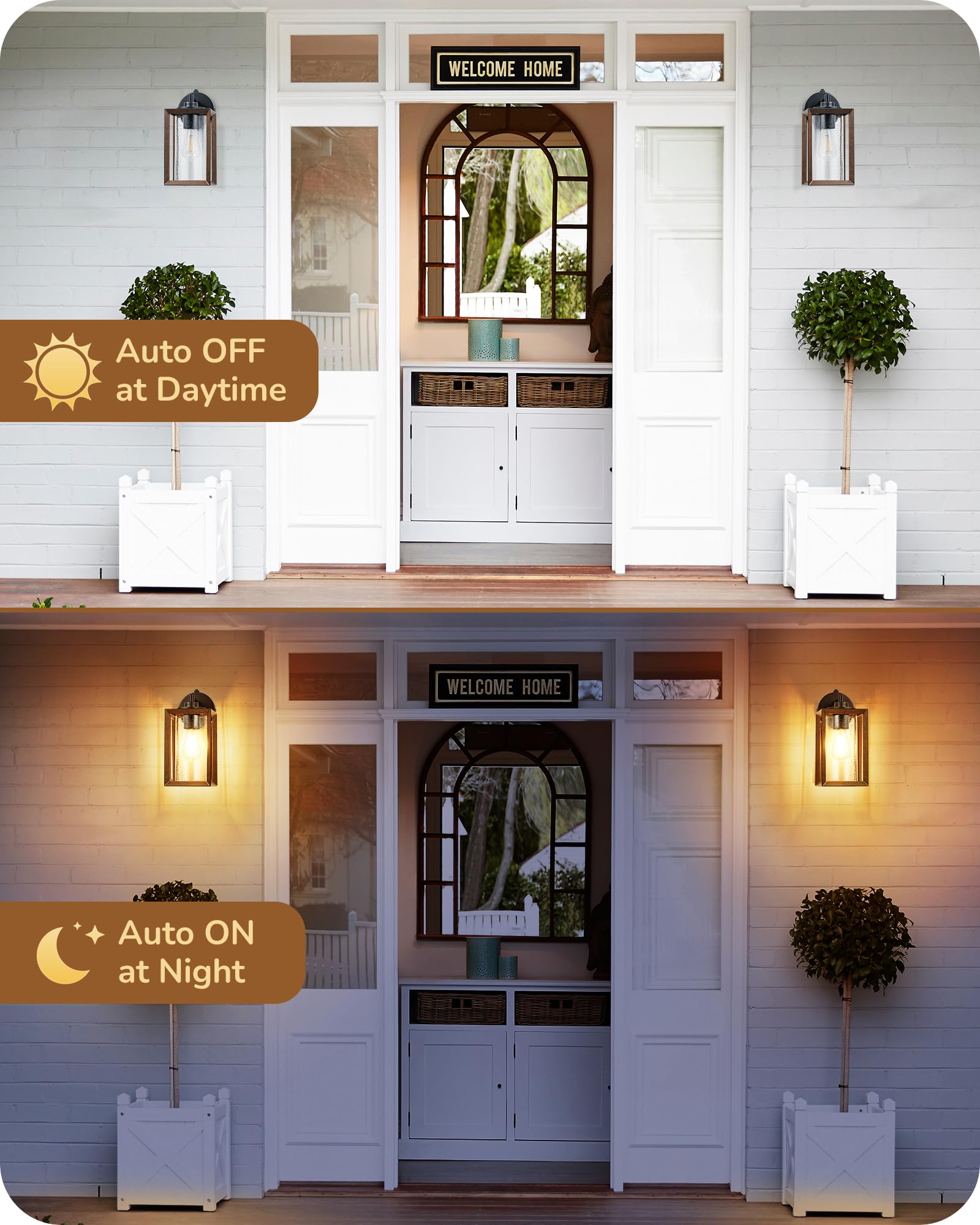 EDISHINE Dusk to Dawn Outdoor Wall Lights, Farmhouse Exterior Lighting Fixtures with Seeded Glass, Wood Grain Finish Porch Light