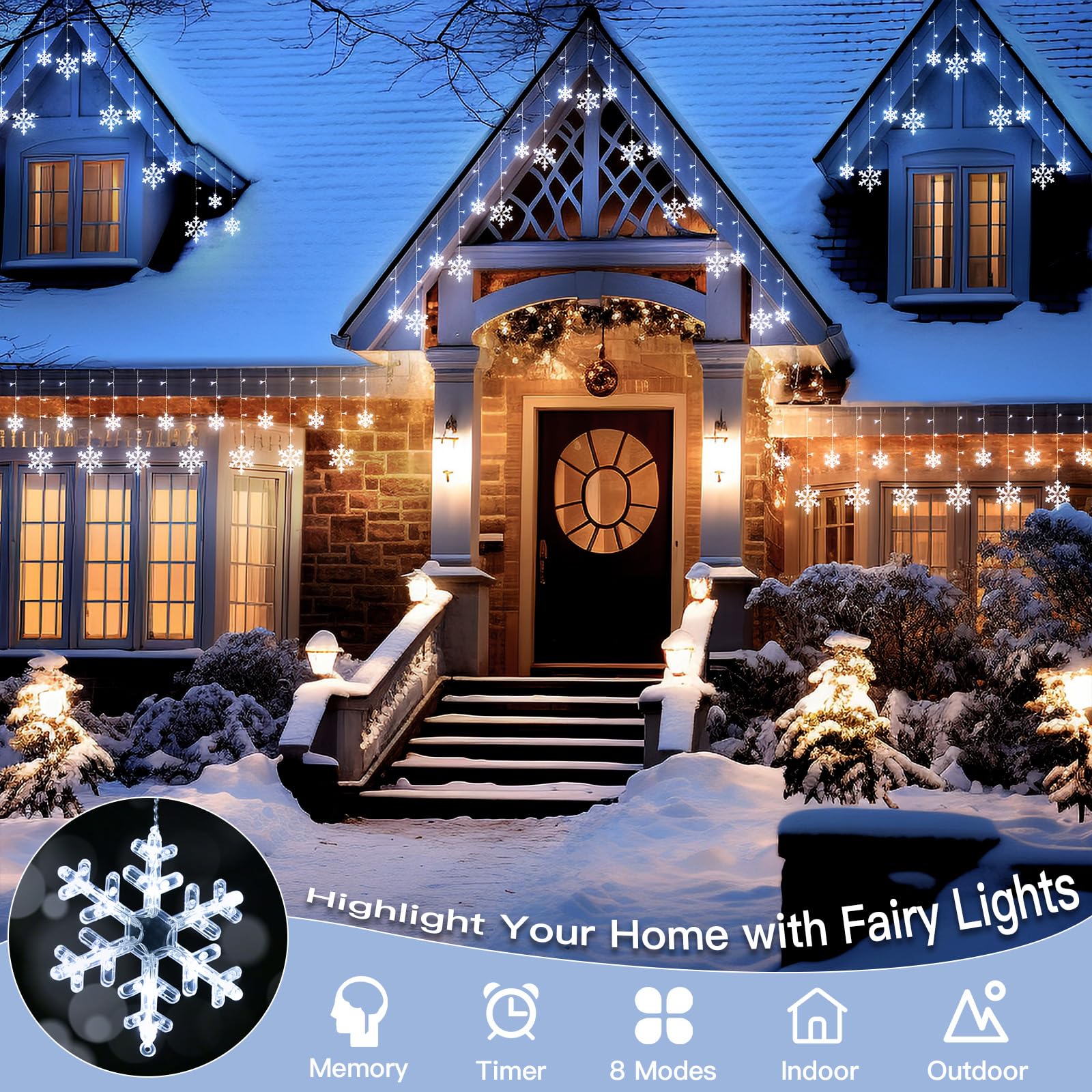 suddus Christmas Snowflake Lights Outdoor, 10.7ft 168 LED Connectable Holiday String Lights Plug in with 14 Drops, Hanging Icicl