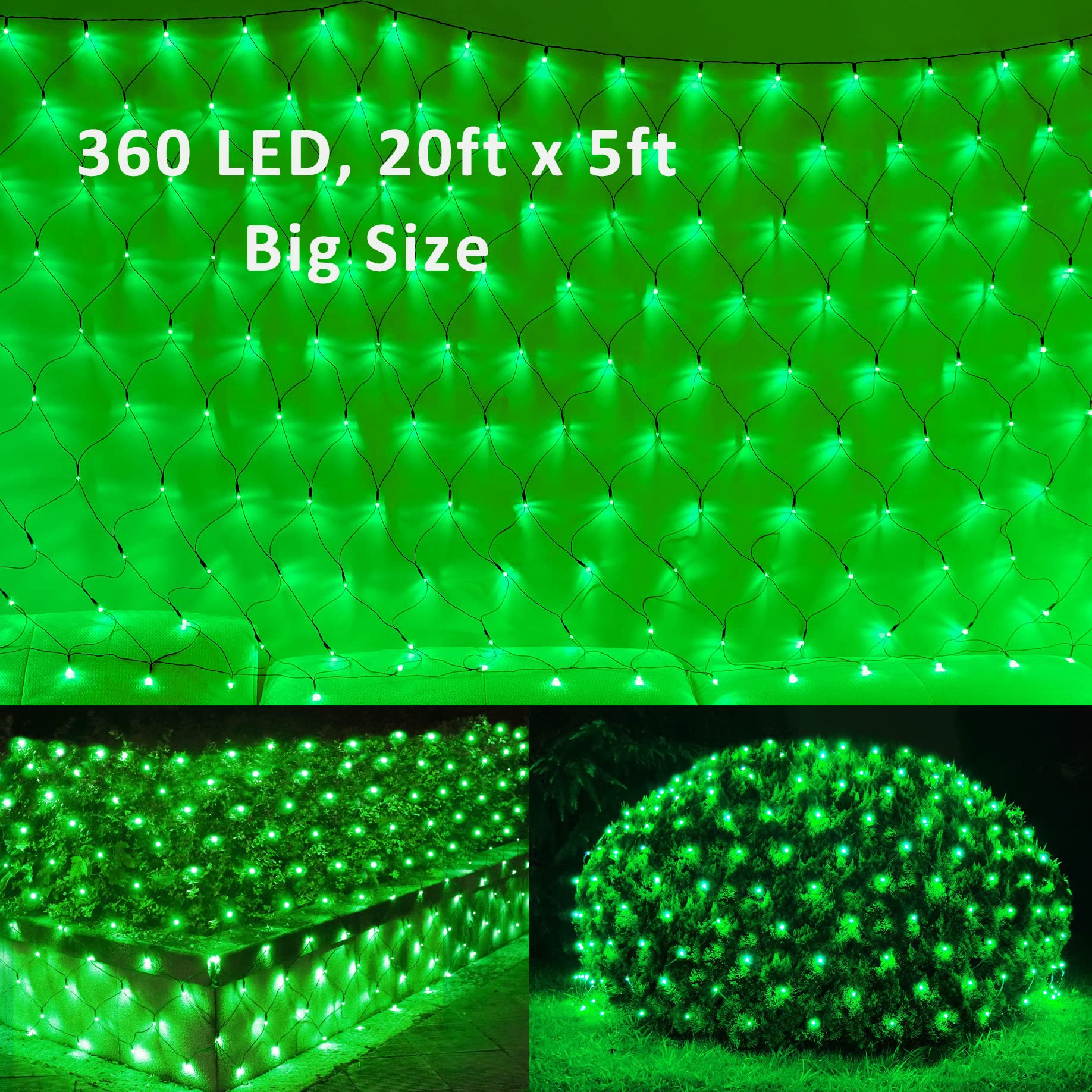 Pooqla 360 LED Green Net Lights, 21 ft x 5 ft Outdoor Mesh Light, 8 Modes for Party and Holiday Decor