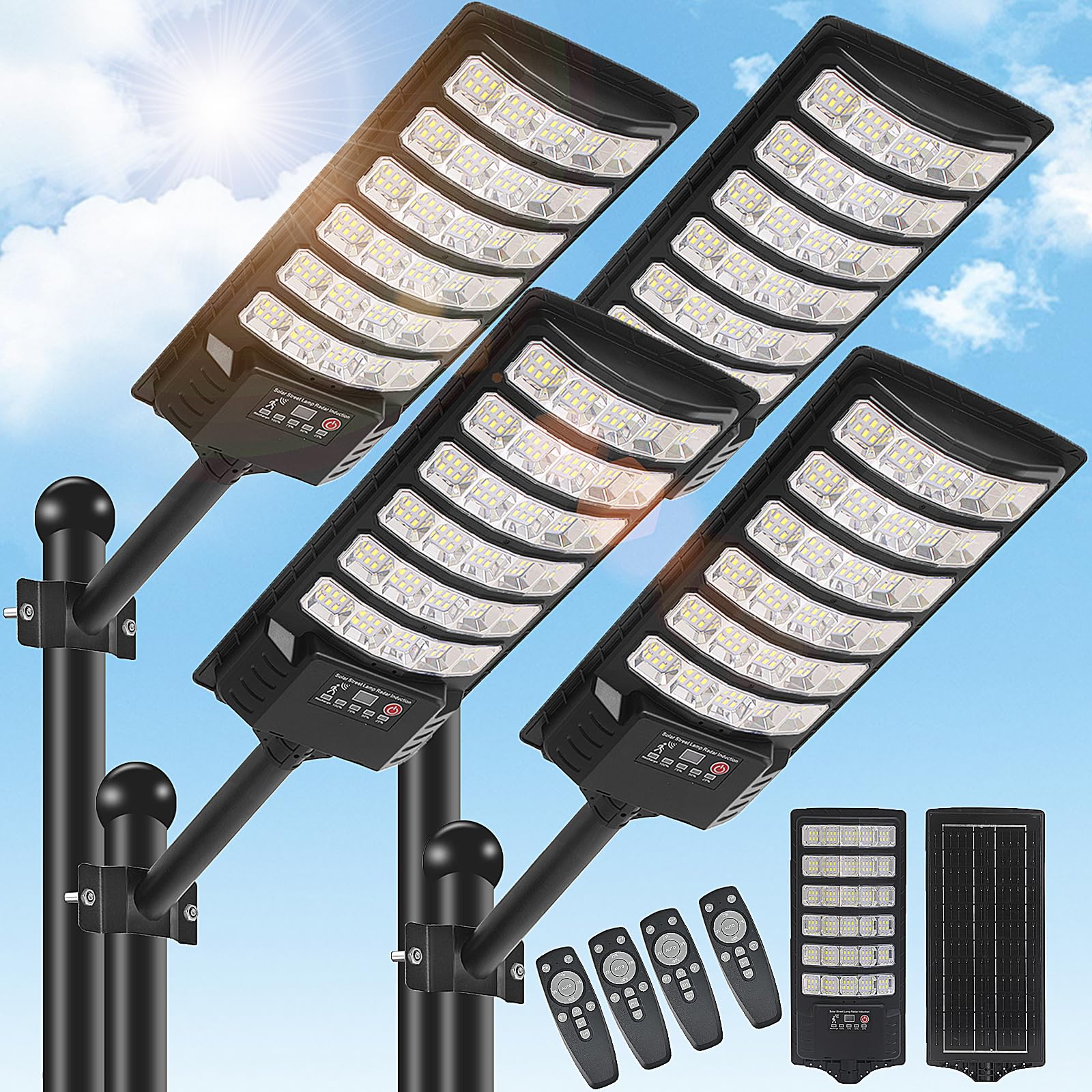 BrightWe 4 Pack Solar Street Light 30000LM 6500K Motion Sensor LED Flood Light Remote Control Dusk to Dawn for Outdoor Parking Lot
