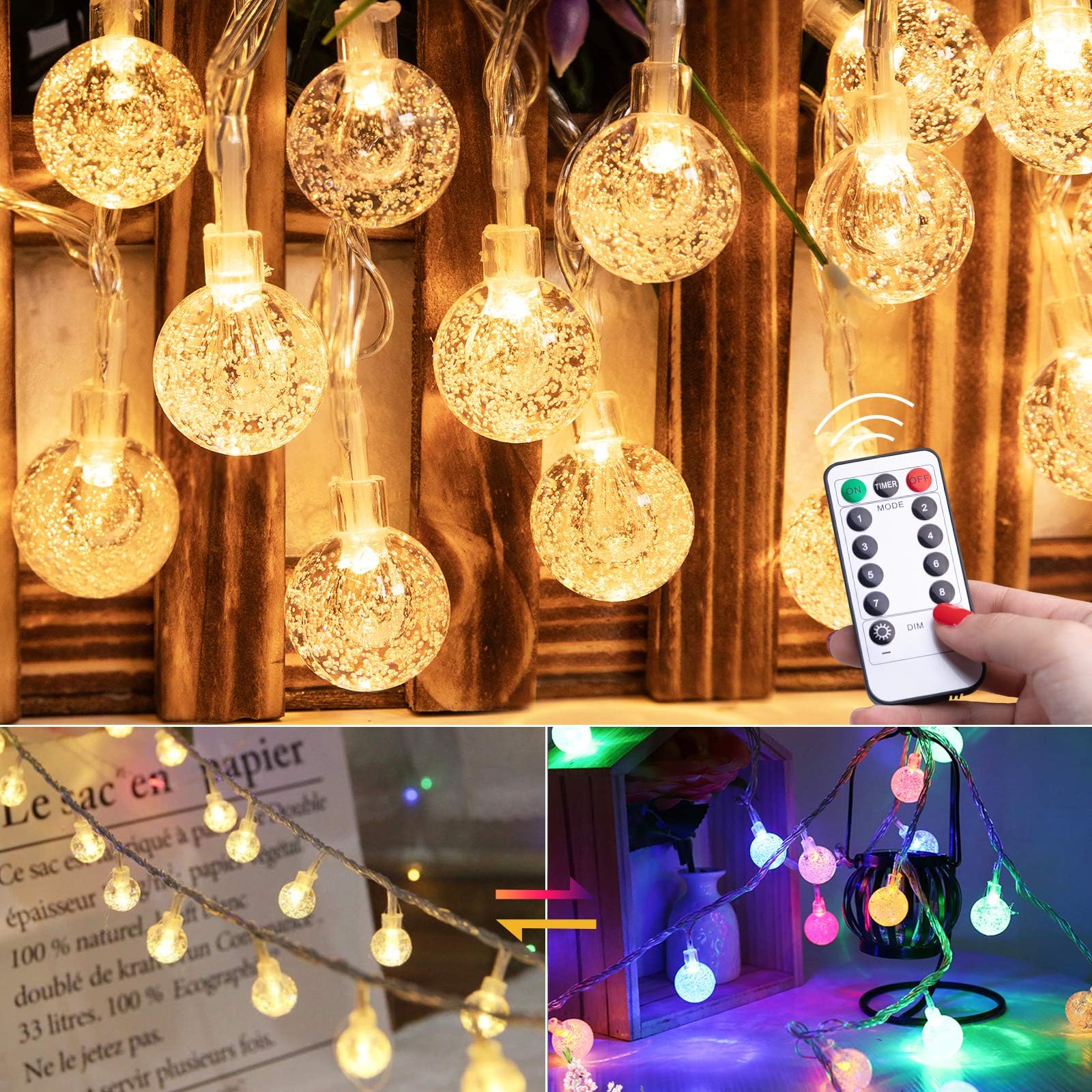 Minetom Globe String Lights - 33 ft, 100 LED, Copper, Waterproof, Remote & Timer, Warm White & Multicolor