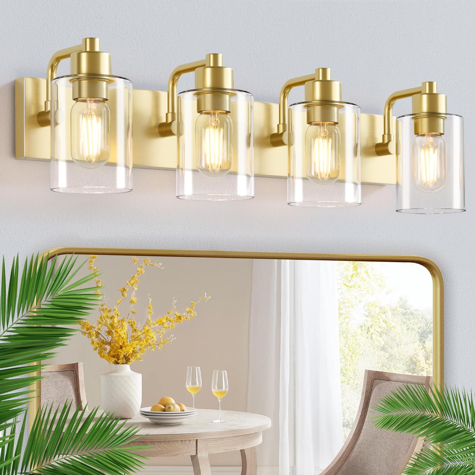 Dpyrrhic Gold Bathroom Light Fixtures Gold Vanity Light Wall Sconces 4-Light Bathroom Lights Over Mirror with Clear Glass Shade for Kitchen Living Room Bedroom