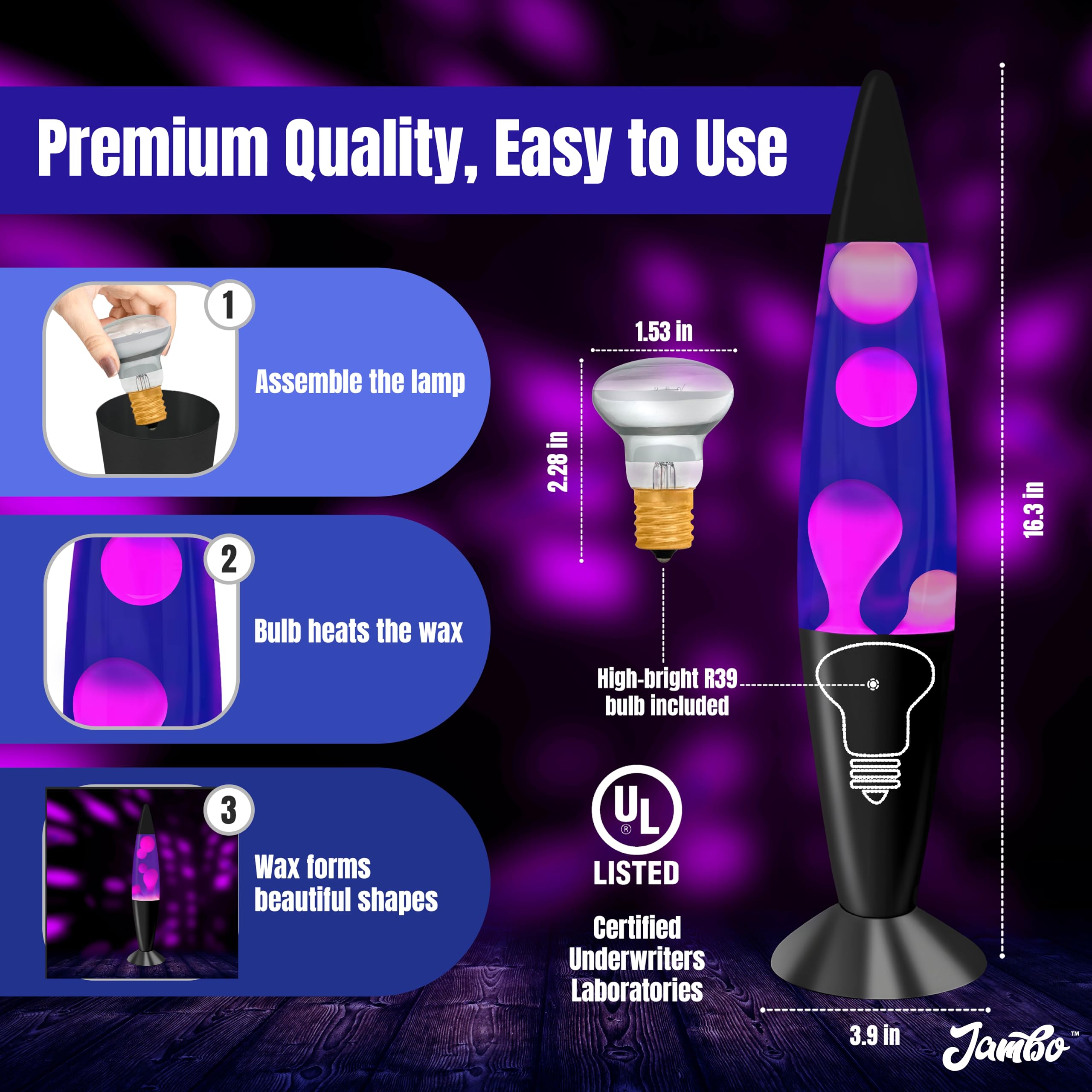JAMBO 16" Magma Liquid Lamp - Purple with White/Pink Wax, Night Light for Living Room, Office, Bedroom, Model 58000