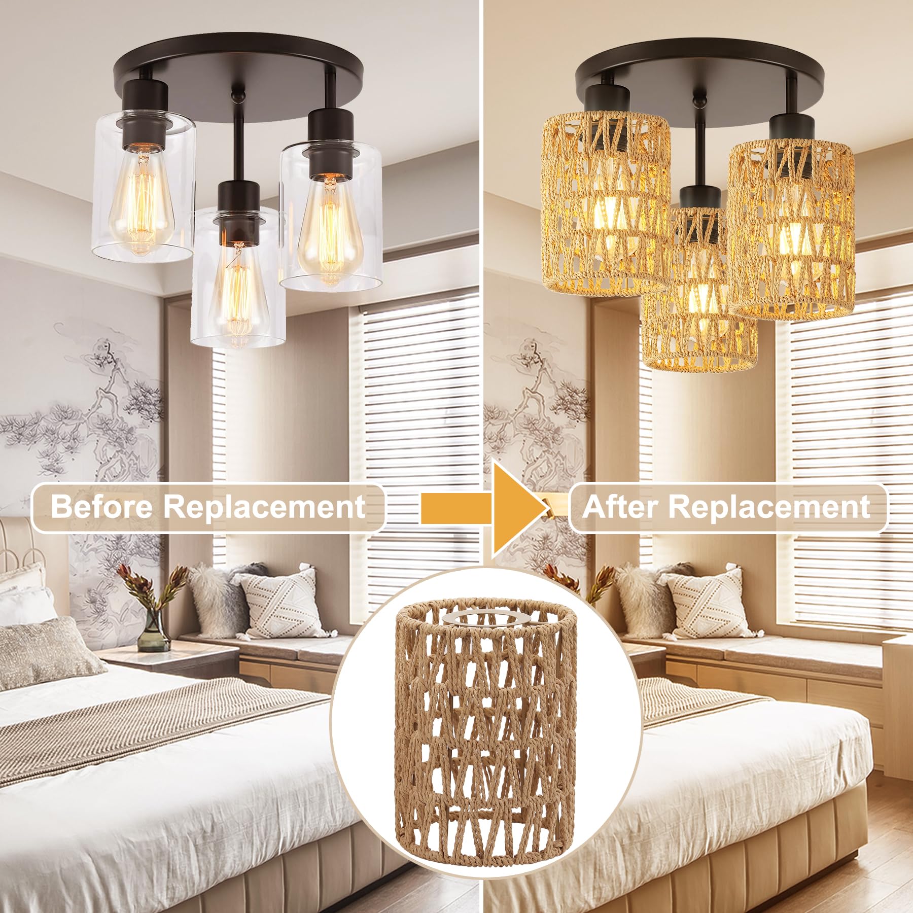 Giutna Rattan Lamp Shade, 4-Pack Retro Small Wicker Lamp Shade Replacement, Boho Woven Pendant Light Lampshade Cover For Chandel