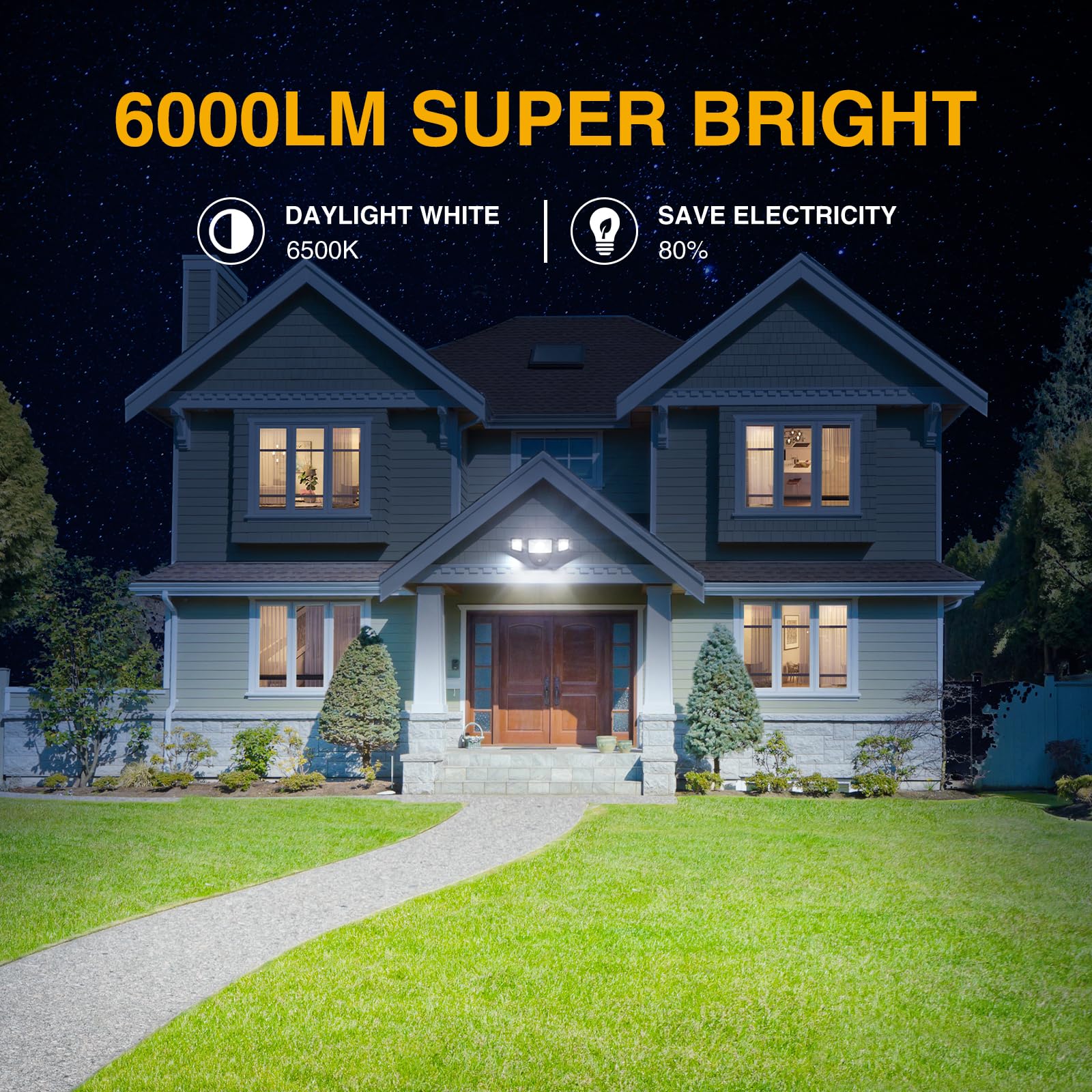Onforu 60W Dusk to Dawn Outdoor Security Lights, 6000LM, IP65 Waterproof, 3 Adjustable Heads, Black, Model BDB60D-3