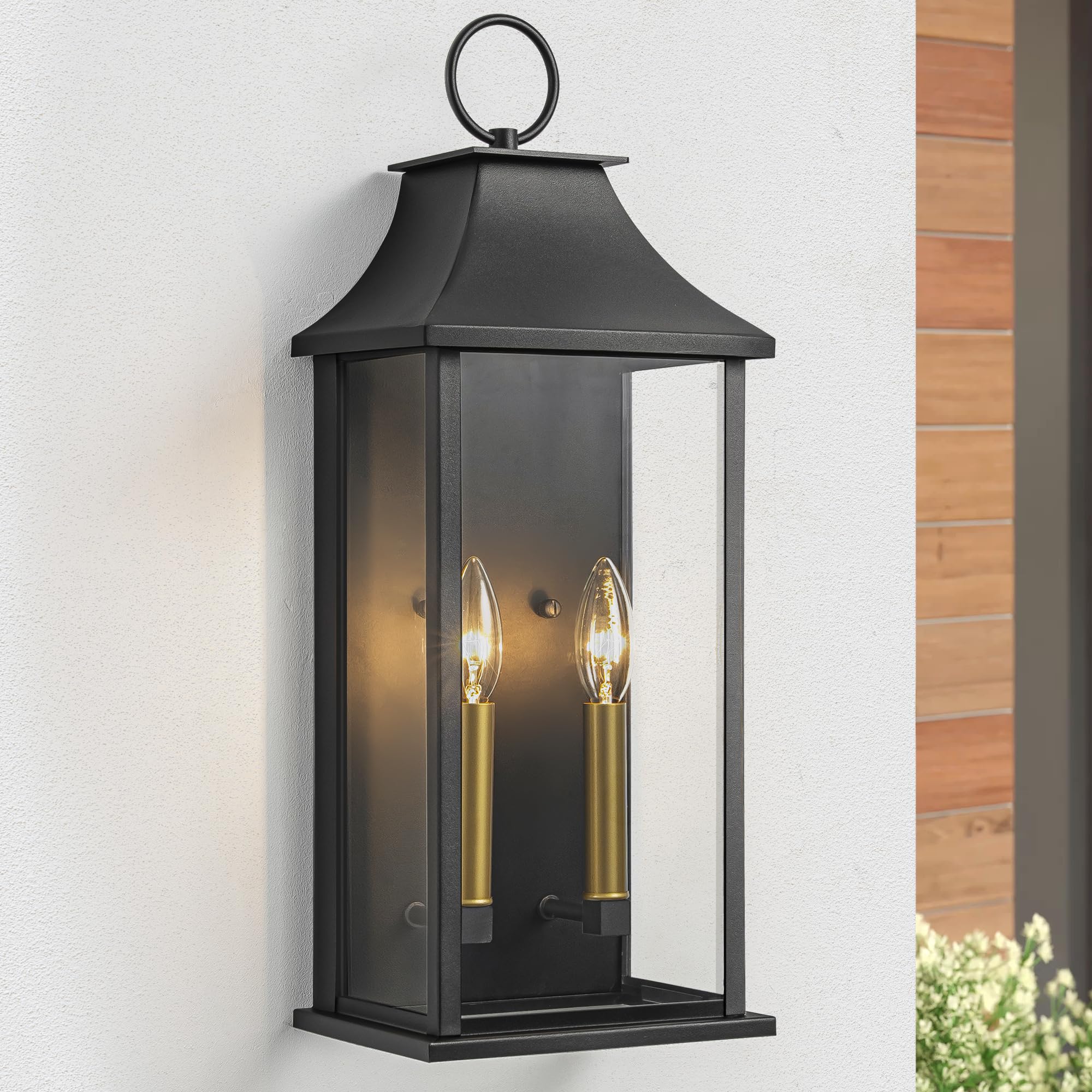Lawyettle Dusk To Dawn Outdoor Wall Lantern 2-Light, 21" Large Outside Wall Sconce, Modern Black Wall Light Fixture With Glass, Waterproof Exterior Lamp For House, Porch, Garage