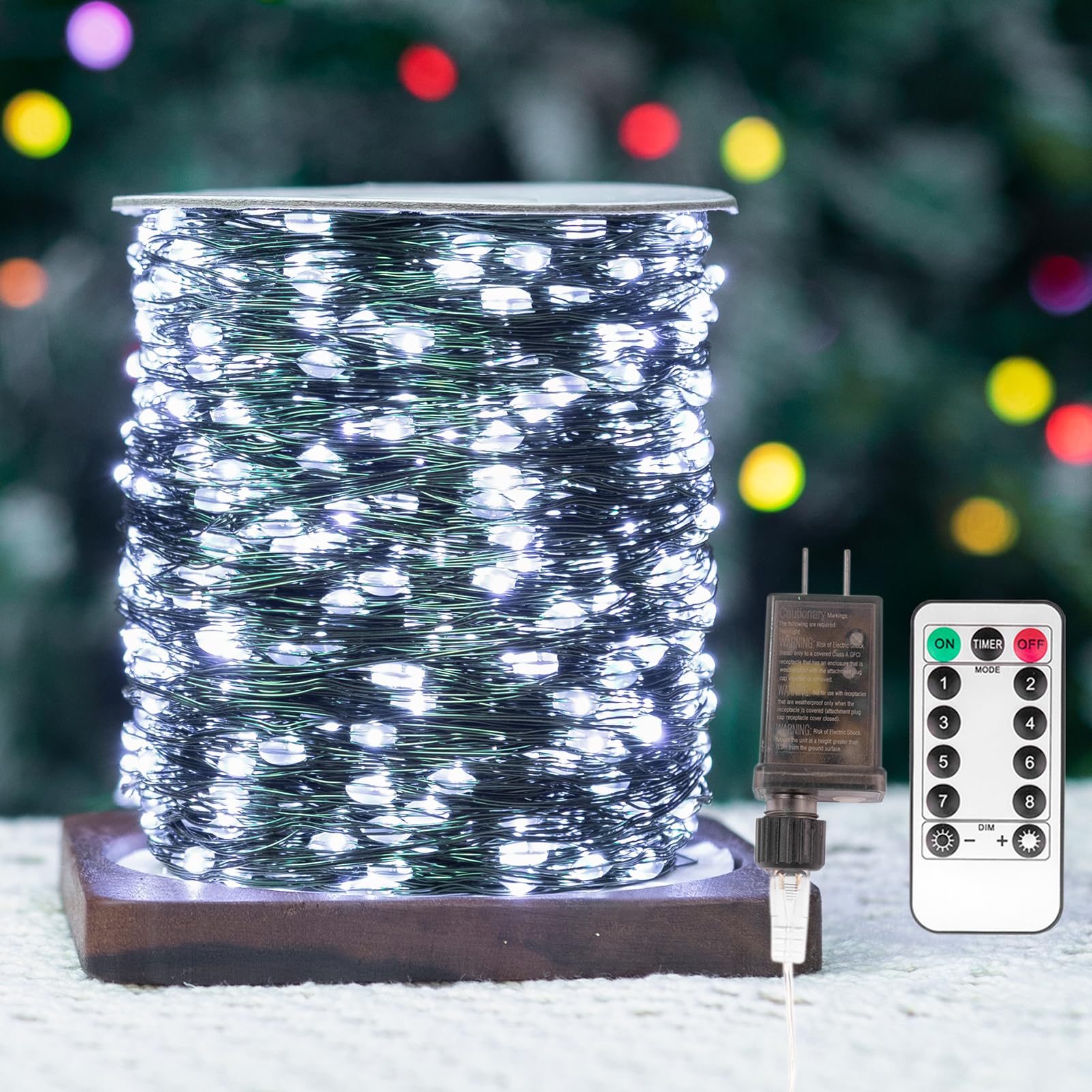 Zeluxdot 100Ft Waterproof Fairy Lights, 300 Leds, Cool White, 8 Modes, Remote Control, Green Wire For Indoor/Outdoor Decorations