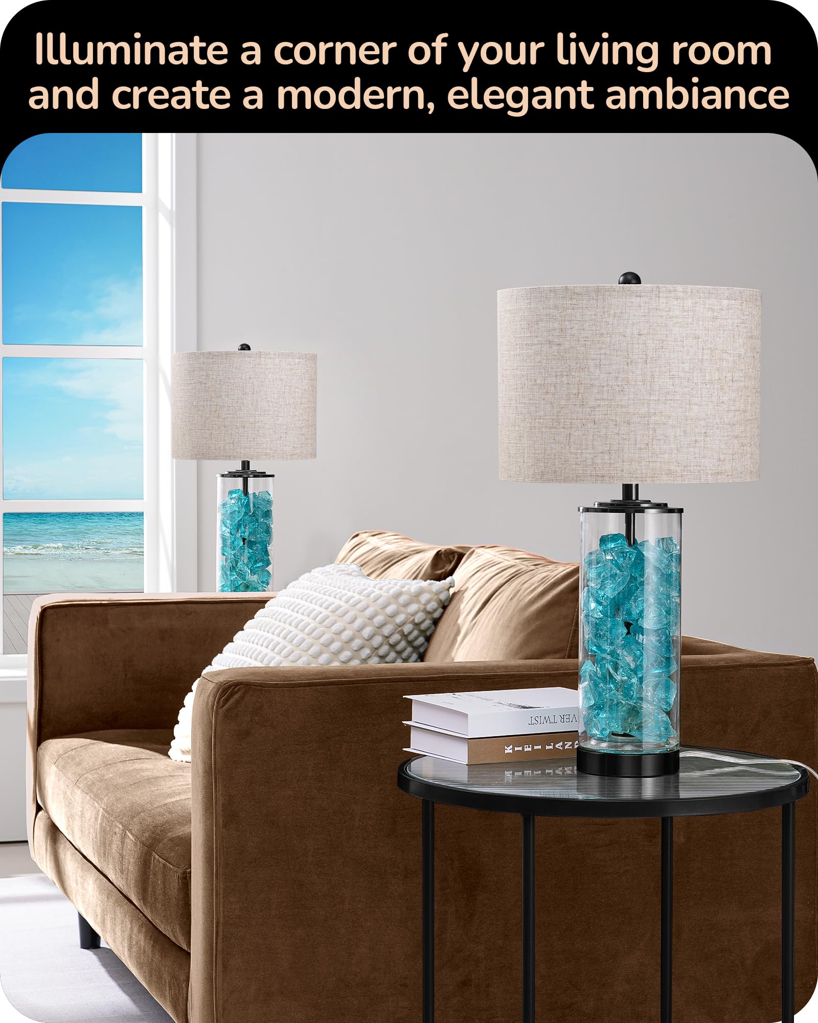 Edishine 23.6 Glass Table Lamp Set Of 2  Diy Refillable Bedside Lamp With Linen Lampshade & Rotary Switch  E26 Base  Nightstand Light For Living Room  Bedroom  Office