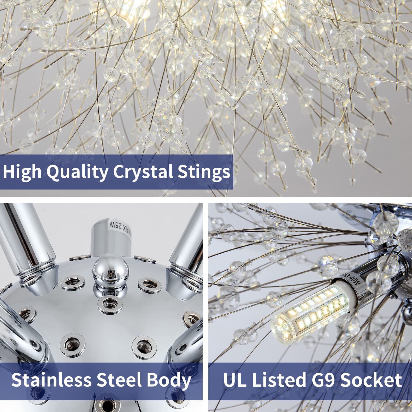 Sputnik Flush Mount Ceiling Light Fixtures, Modern Chrome Crystal Firework Chandelier, 8-Light Close To Ceiling Lighting Fixtures For Bedroom Kitchen Hallway Entryway(H11.8'' X W21.5'')