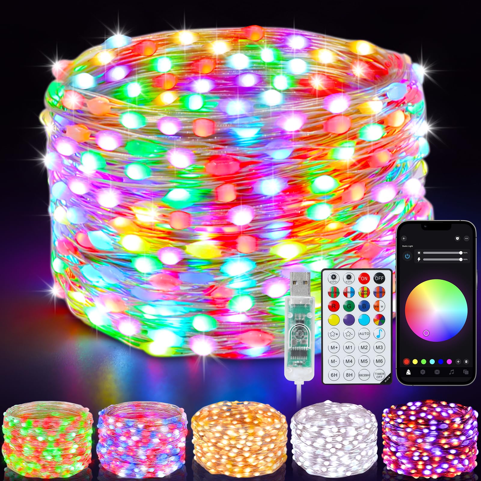 Smart Fairy Lights 33Ft 100 LED Twinkle String Lights with Remote & APP Control, Color Changing USB Christmas Tree Lights Music 