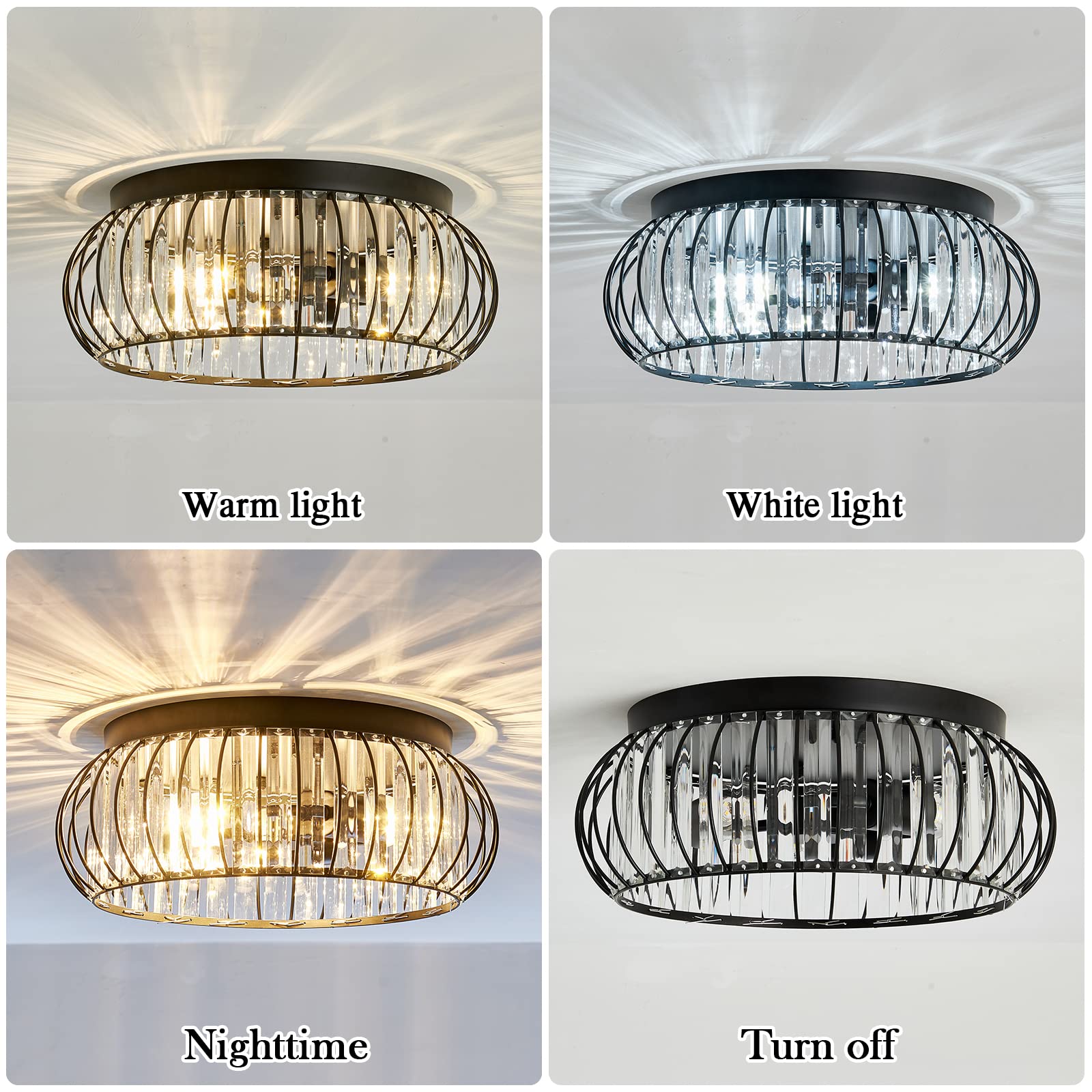 Yyjlx Modern Black Crystal Flush Mount Ceiling Light - 3 Light Chandelier For Indoor Spaces