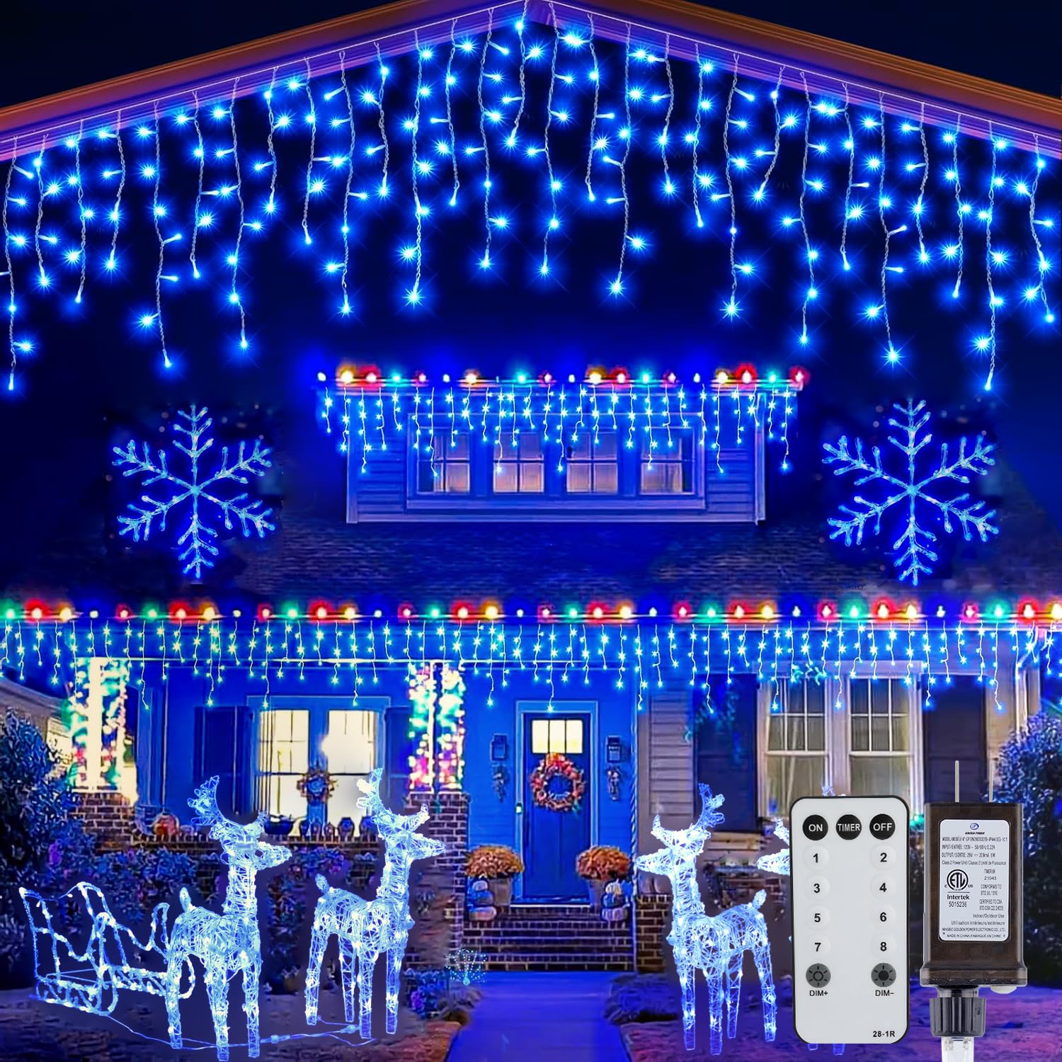 Brightown Blue Icicle Lights, 66Ft 736 LED, 8 Modes with Remote, Outdoor Decor, Model DMO-300