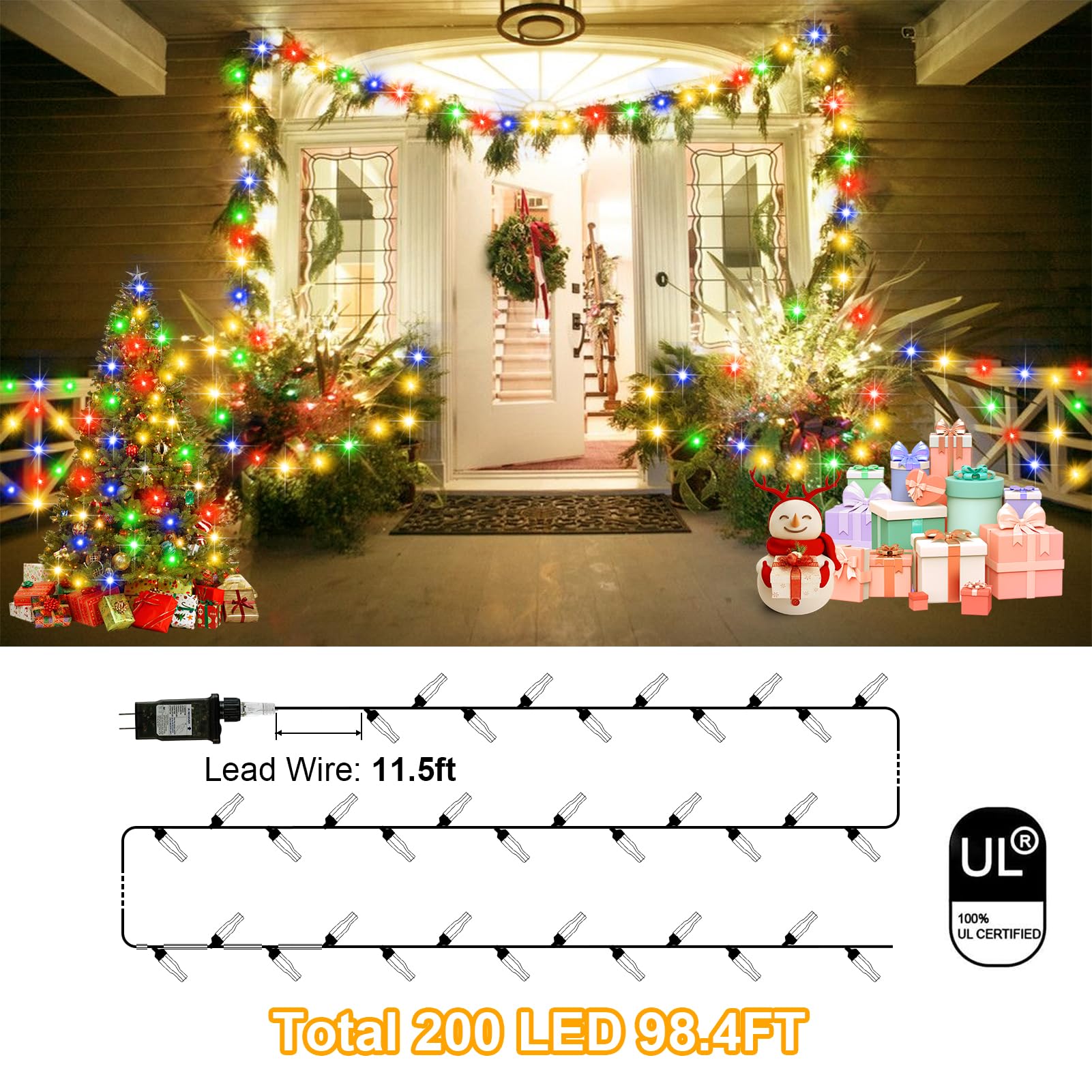 FLVOECN Outdoor Fairy Lights, Waterproof Plug-in String Lights, 98Ft, 200 LED, Multicolor, F8 Model