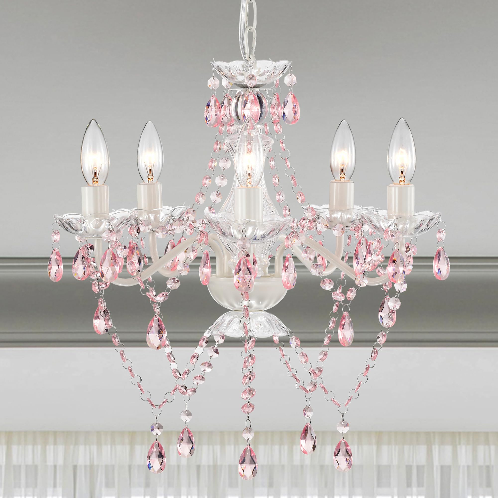 Antique House Small Pink and White Girls Bedroom Light - 5-Light Modern Acrylic Crystal Ceiling Fixture, Mini Chandelier for Kid