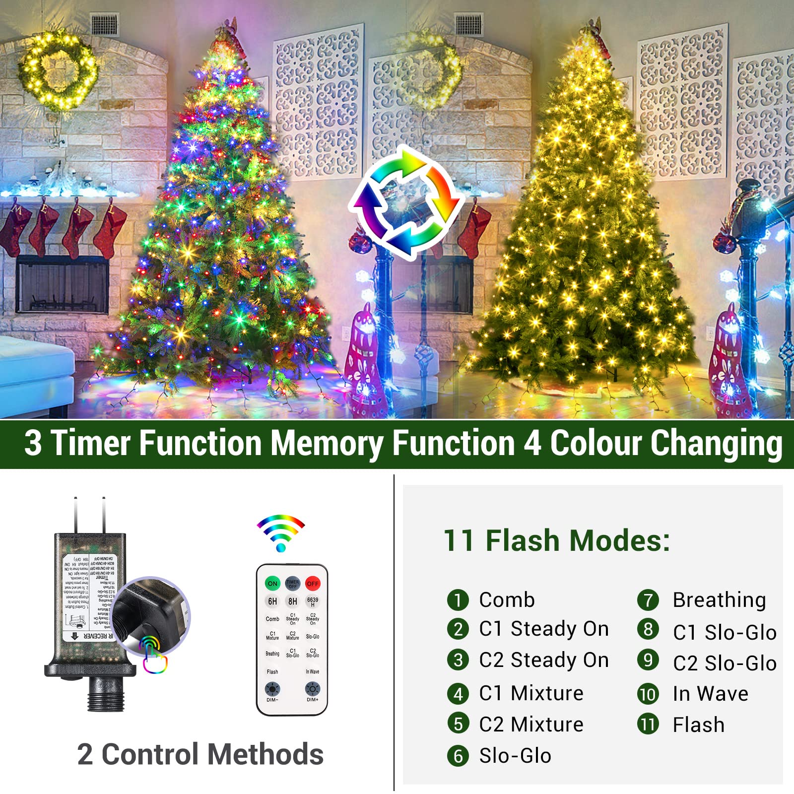Marchpower Christmas Tree Lights Color Changing, 11 Modes Christmas Light Outdoor With Remote Control, 400 Diamond Led 6.6Ftx10
