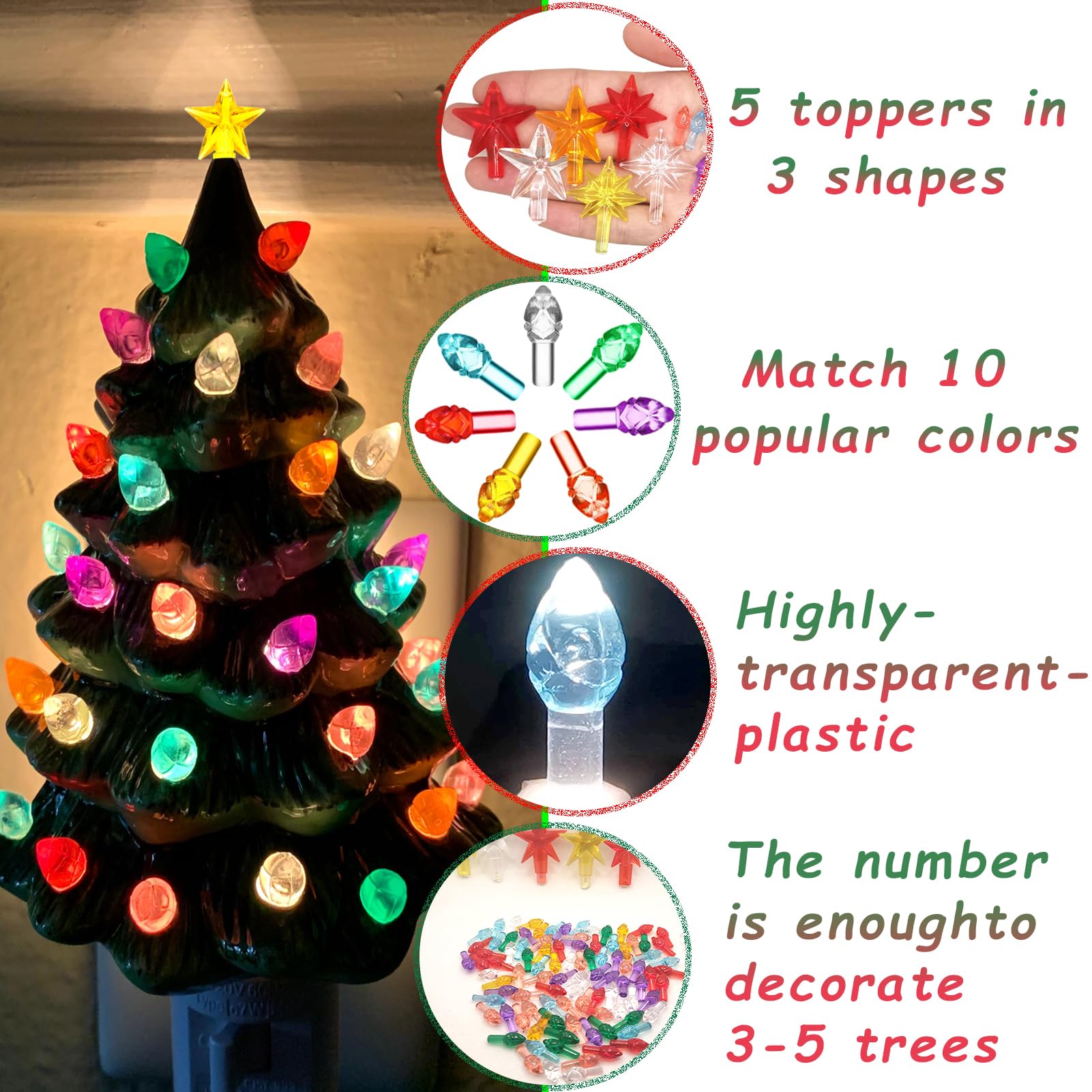 KonohaELF Replacement Light Bulbs for Ceramic Christmas Tree, Mini Multicolor Plastic Ornaments, Model SD-HYDP-2021116, 217 PC Set