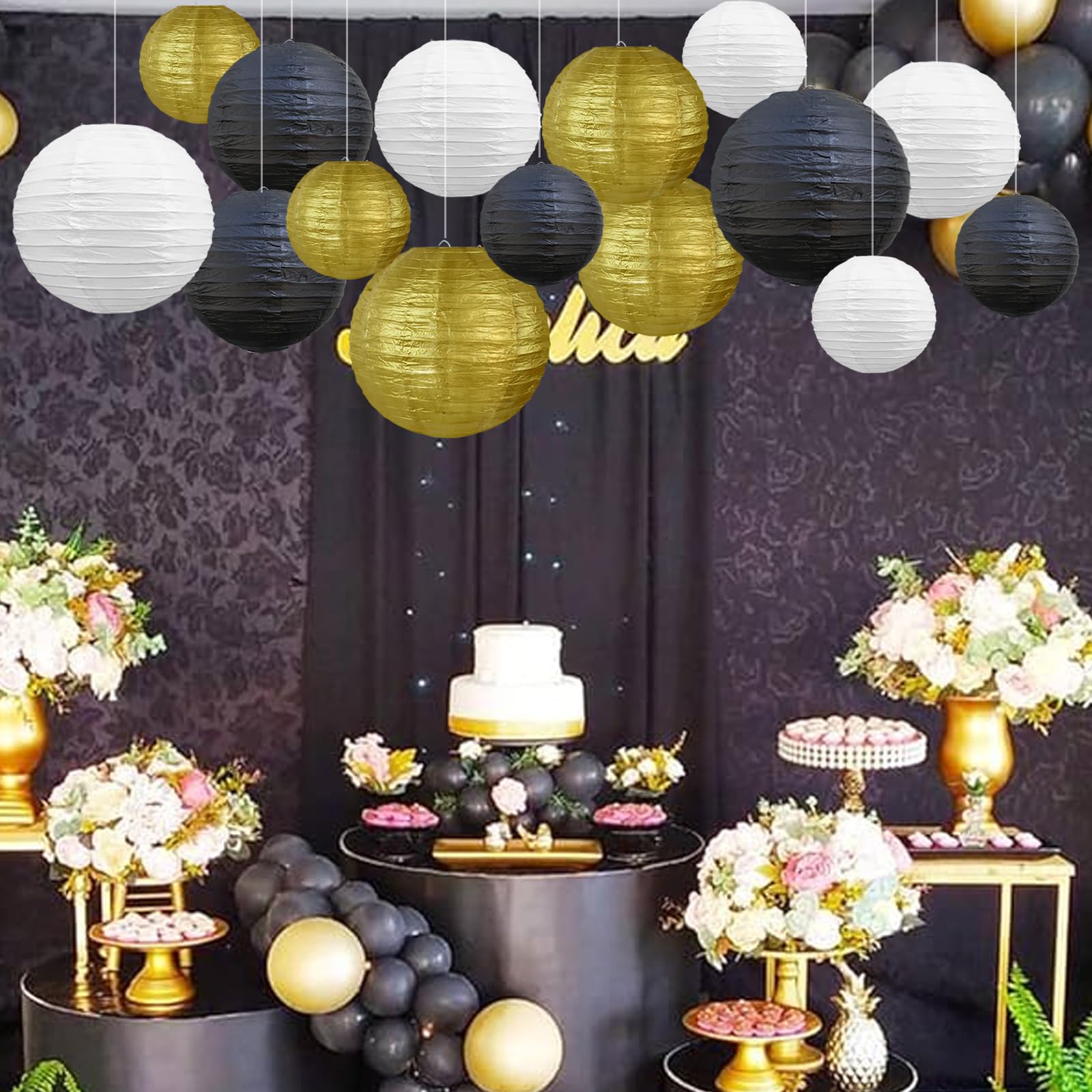 Beishida 16 Pcs Black Gold Paper Lanterns,Hanging Decorative Chinese Japanese Round Paper Lantern Lamp For Wedding Graduation An