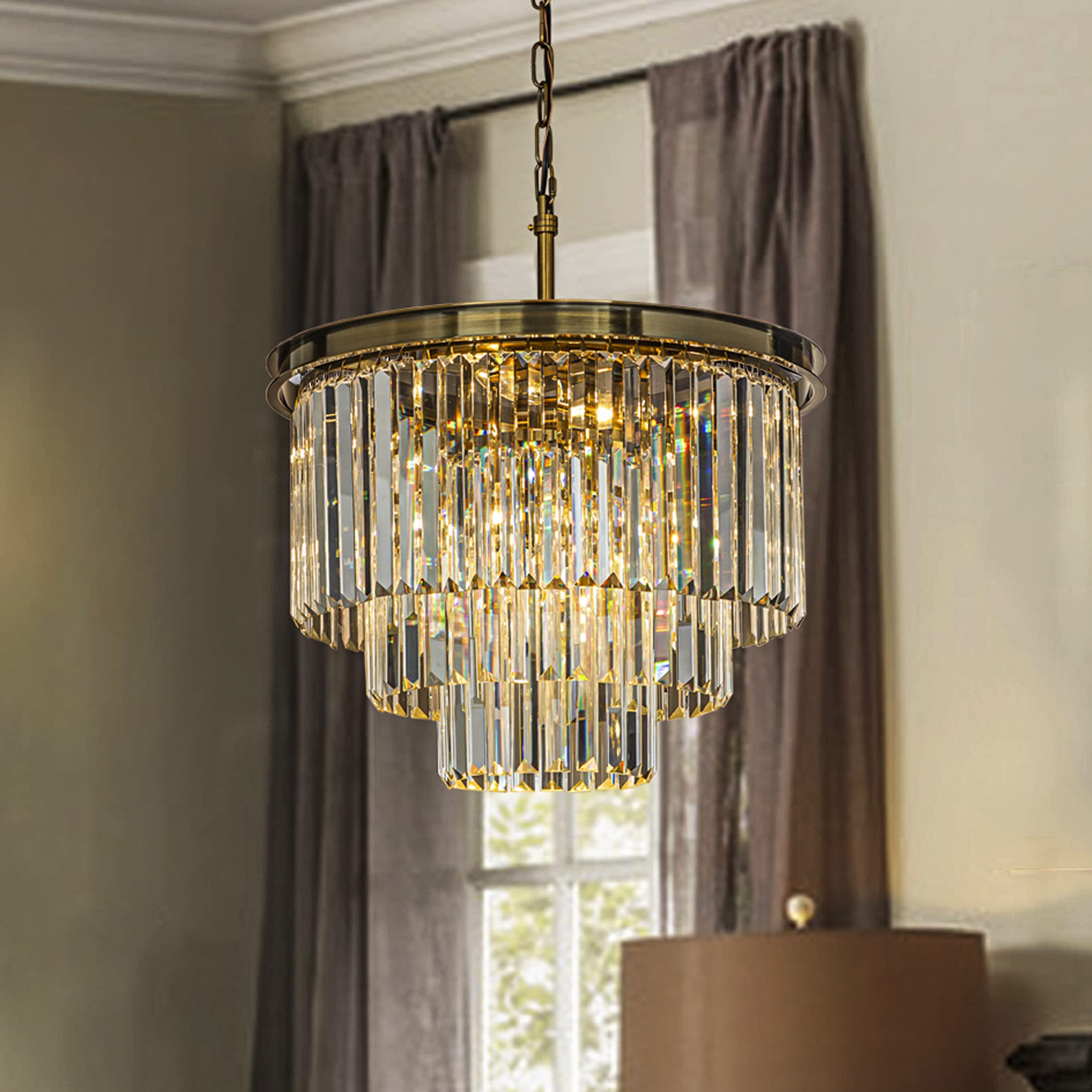 ALOADECOR 6-Light Modern Antique Gold 3-Tier Round Fringe Crystal Chandelier Brass Finish Frame Close to Ceiling Dual-Use Light 