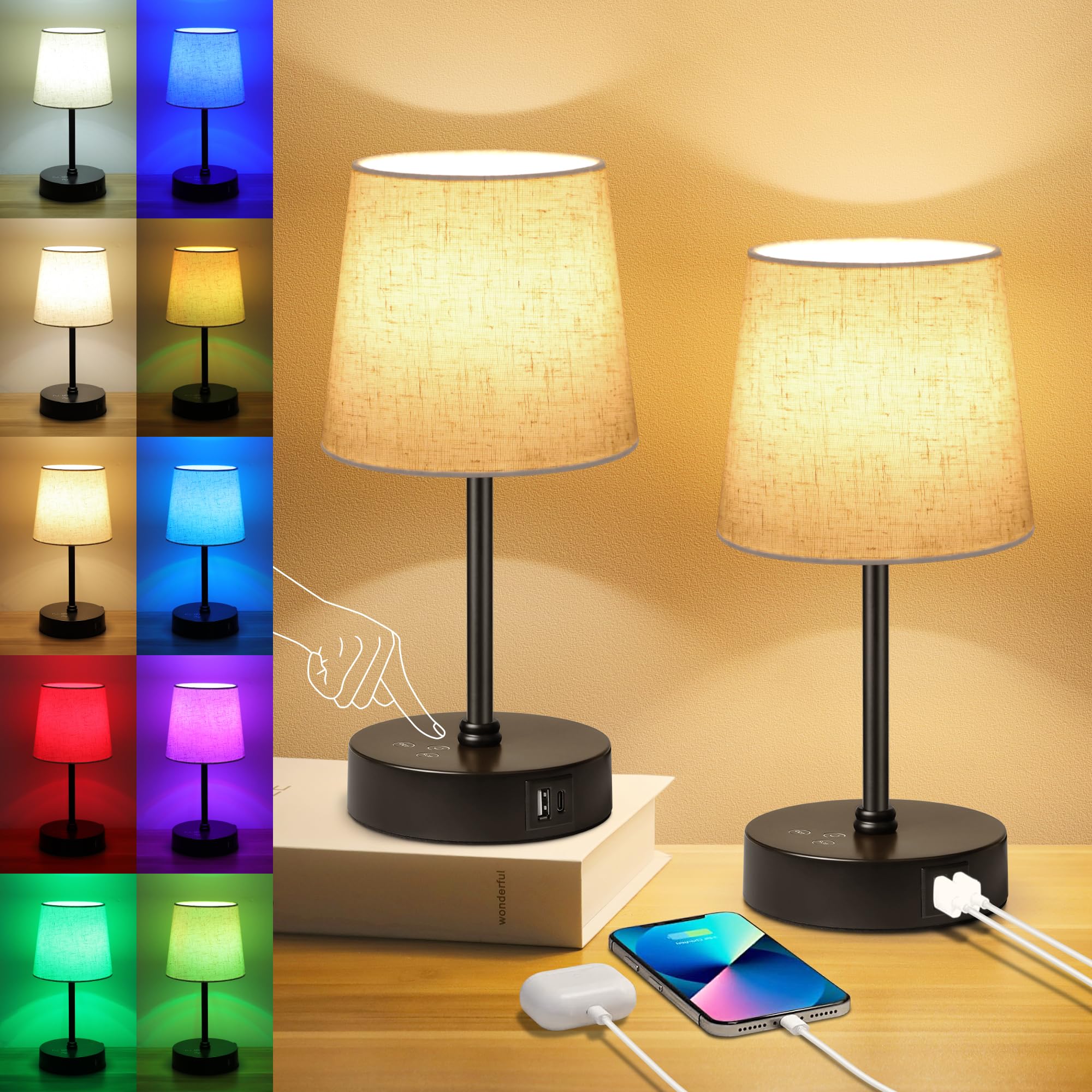 Ascher Small Bedside Table lamp Set of 2, RGB Color Changing Lamps, 3 Color Temperatures, Dimmable Nightstand Lamp with USB C+A 