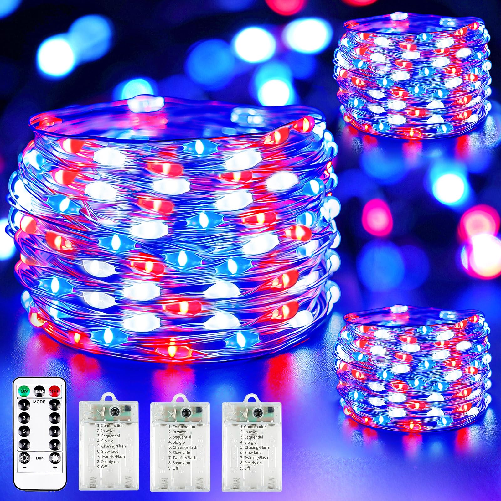 4th of July Decoration Lights  3 Pack Red White and Blue Fairy Lights Battery Operated with Timer & Remote  Waterproof Patriotic Light Indoor Outdoor 8 Modes for Independence Day Memorial Day Decor