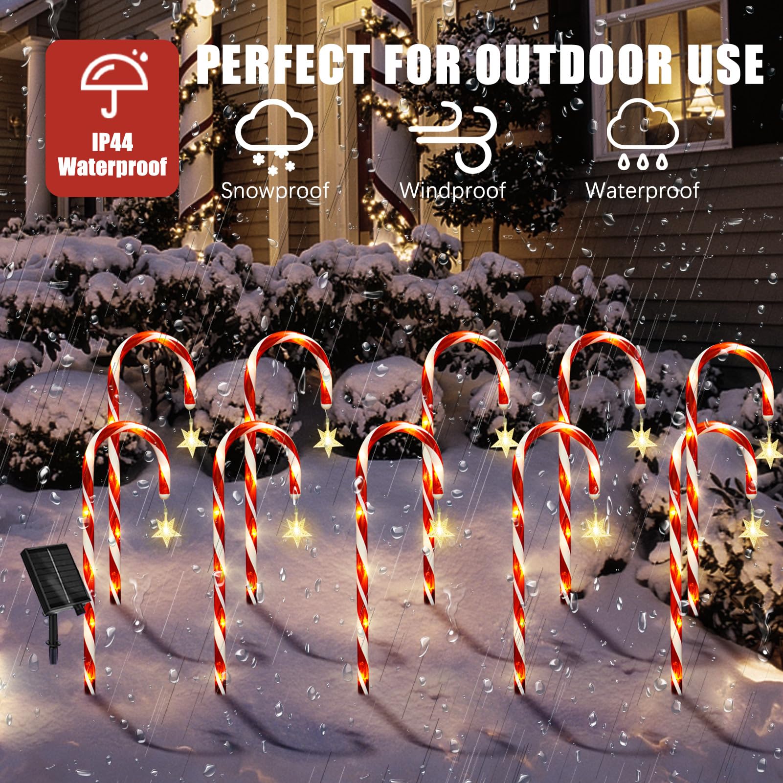 Bstge Christmas Candy Cane Lights, 10 Pcs, 21in  Solar Pathway Lights, Waterproof, White with Star, 8 Lighting Modes