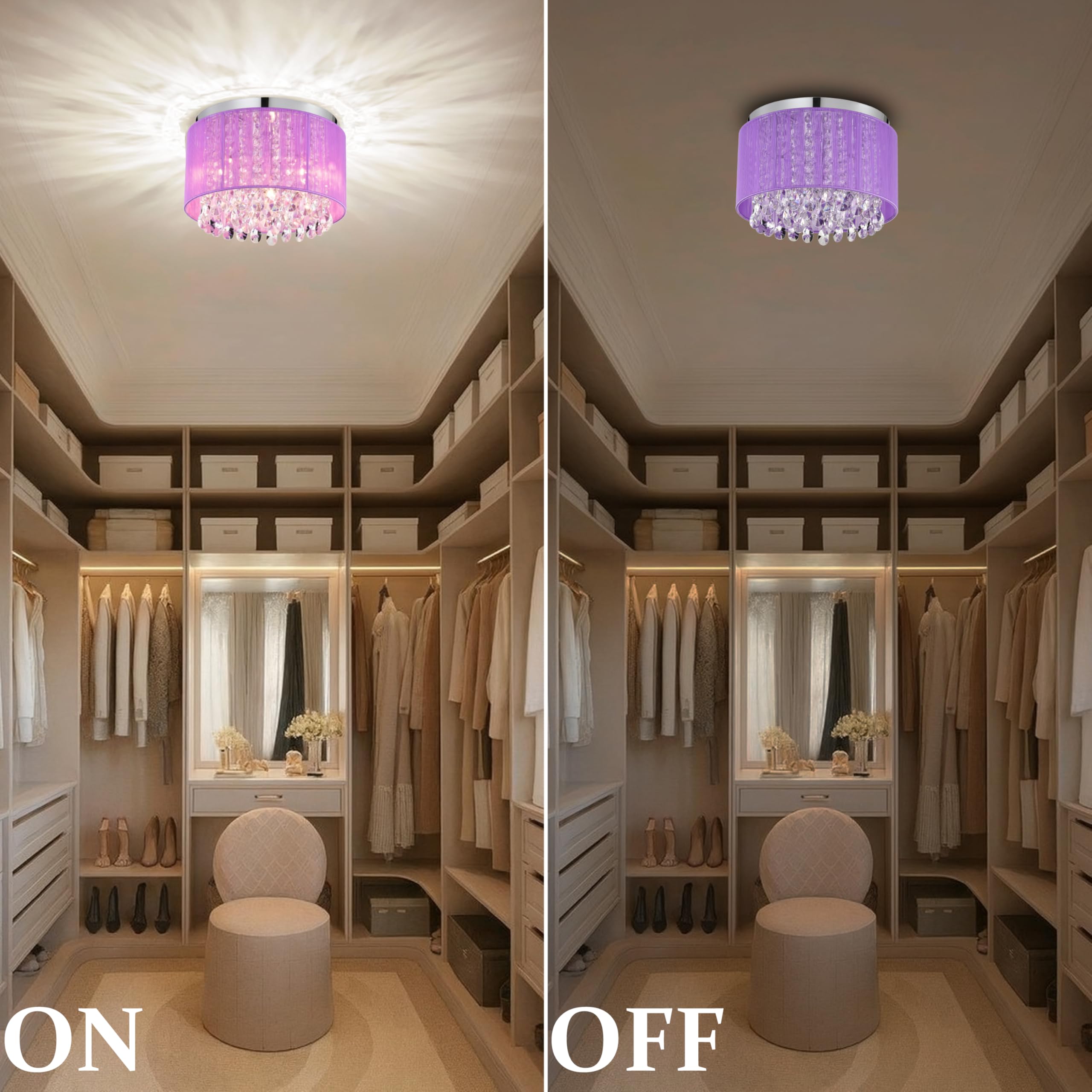 LaLuLa Crystal Chandelier, 4-Light Flush Mount, Metal, Purple, 18in Drum Shade
