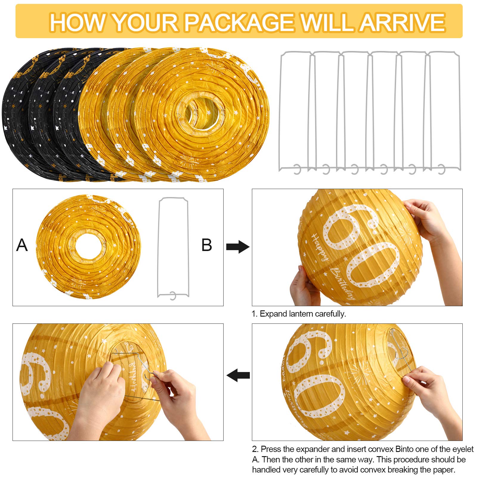 Blulu 6 Pieces Birthday Party Decorations Hanging Paper Lanterns Black Gold Glittery Anniversary Sign for Men Women Teen Birthda