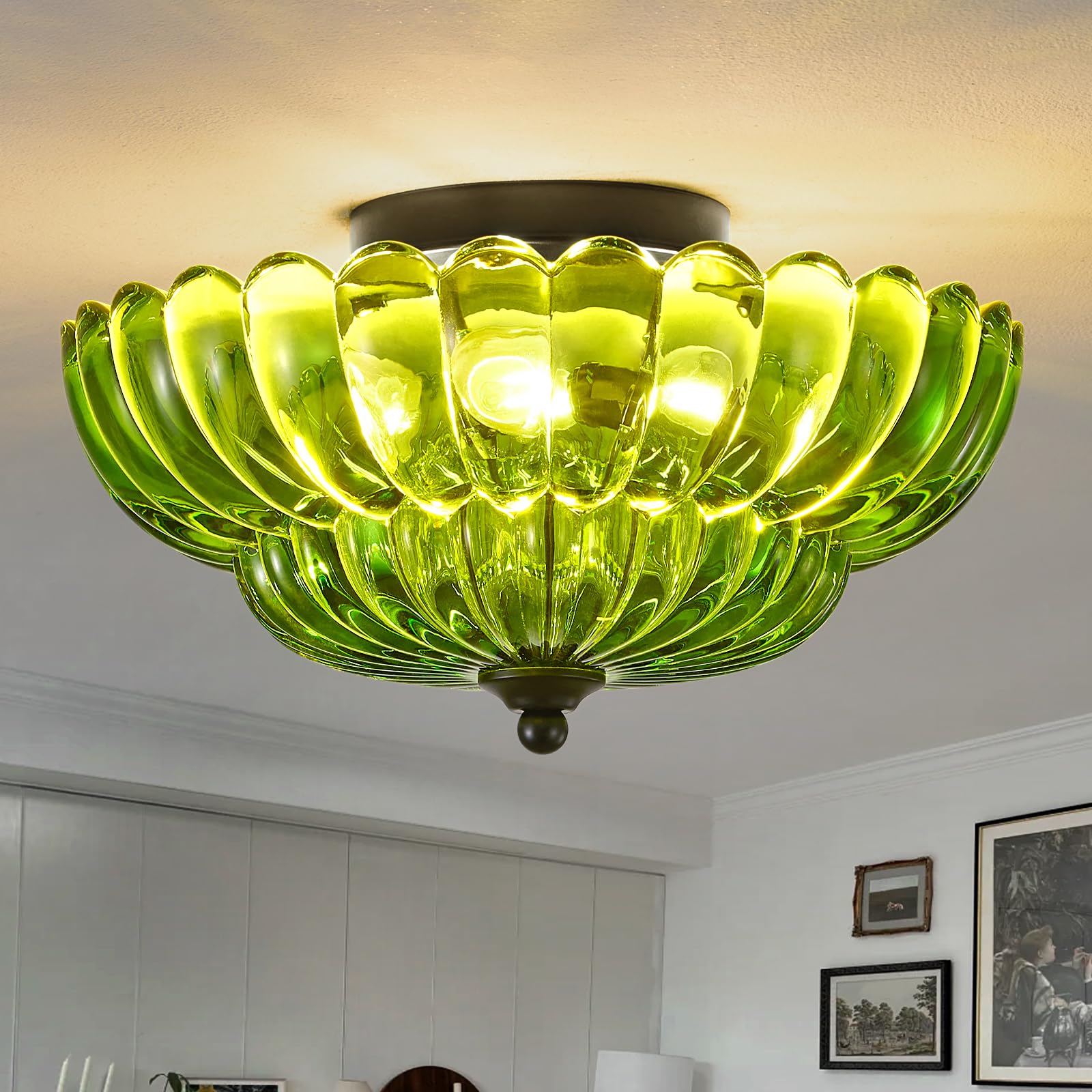 Semi Flush Mount Ceiling Light, Green Glass Ceiling Light Fixture, 3-Bulb Modern Black Close To Ceiling Light, Vintage Glass Cei