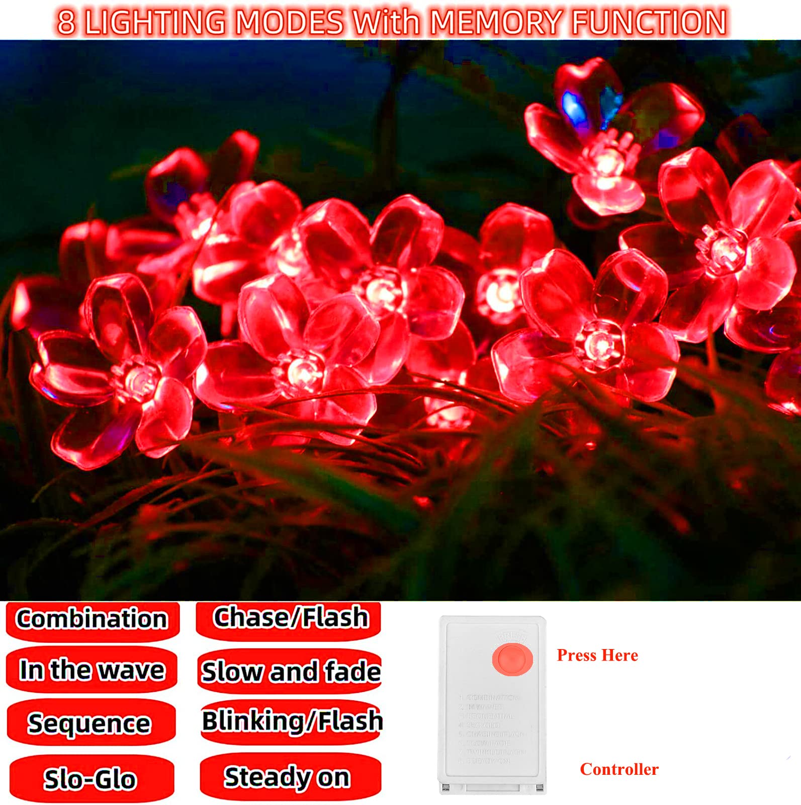 Fullbell Christmas Decorations Red Room Decor Red Lights Red Fairy Lights Red Flower String Lights 100 Led Memorable Extendable Red String Lights Red Led Lights (Red)