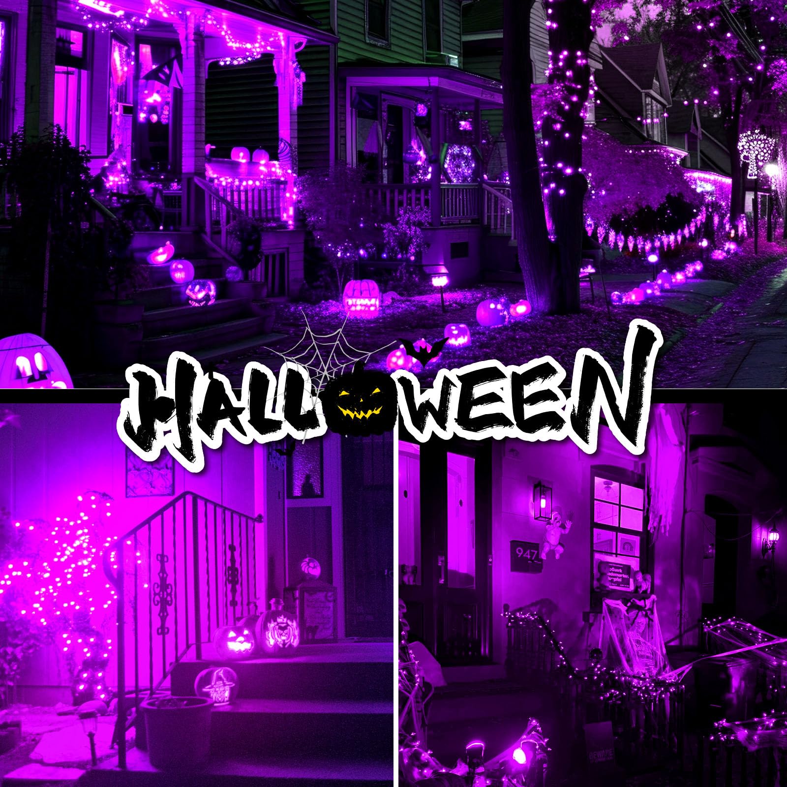 4 Pack Solar String Lights Outdoor - 320Led 132Ft Halloween Solar Fairy Lights Outside Waterproof, 8 Modes Purple Solar Powered Twinkle Lighting Decorations For Tree Garden Yard Spooky Patio Party