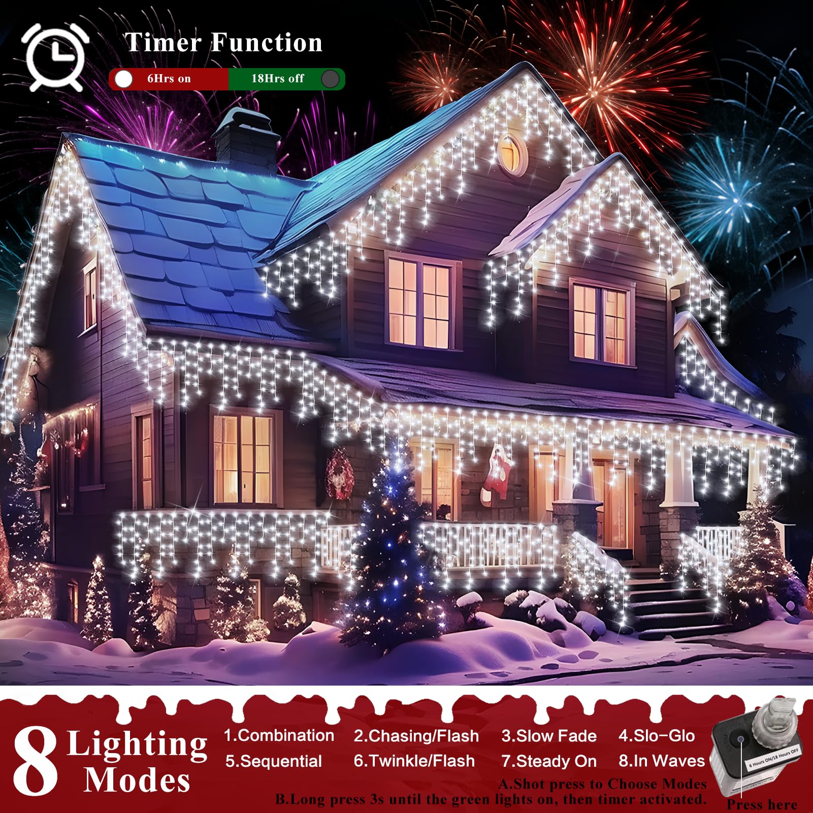 XURISEN Christmas Lights - 1280 LED Curtain Fairy Lights, 132ft, Cool White, 8 Modes, Waterproof with Timer, Model BG-CL3M3-306L01