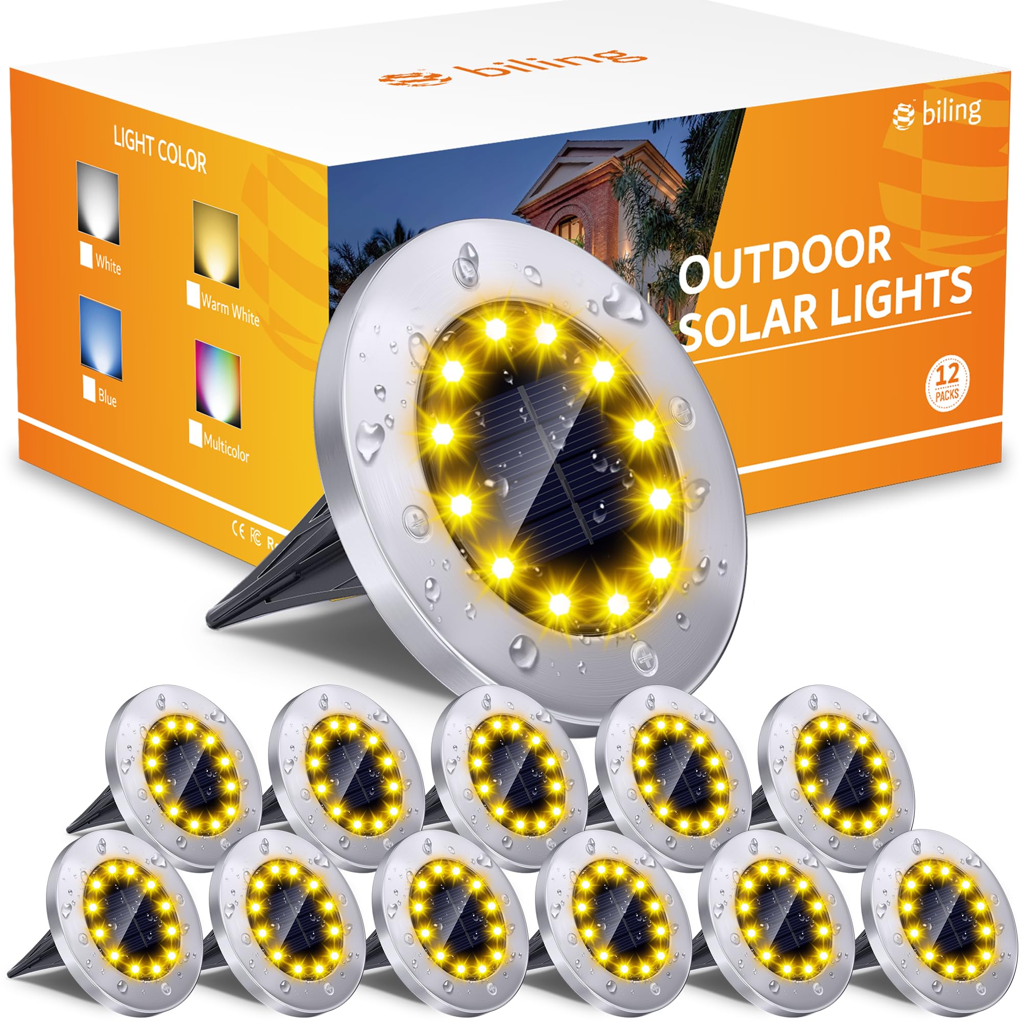 Biling Solar Ground Lights, 12 Pack, 12 LEDs, Waterproof, Stainless Steel, Warm White, Model BS2412