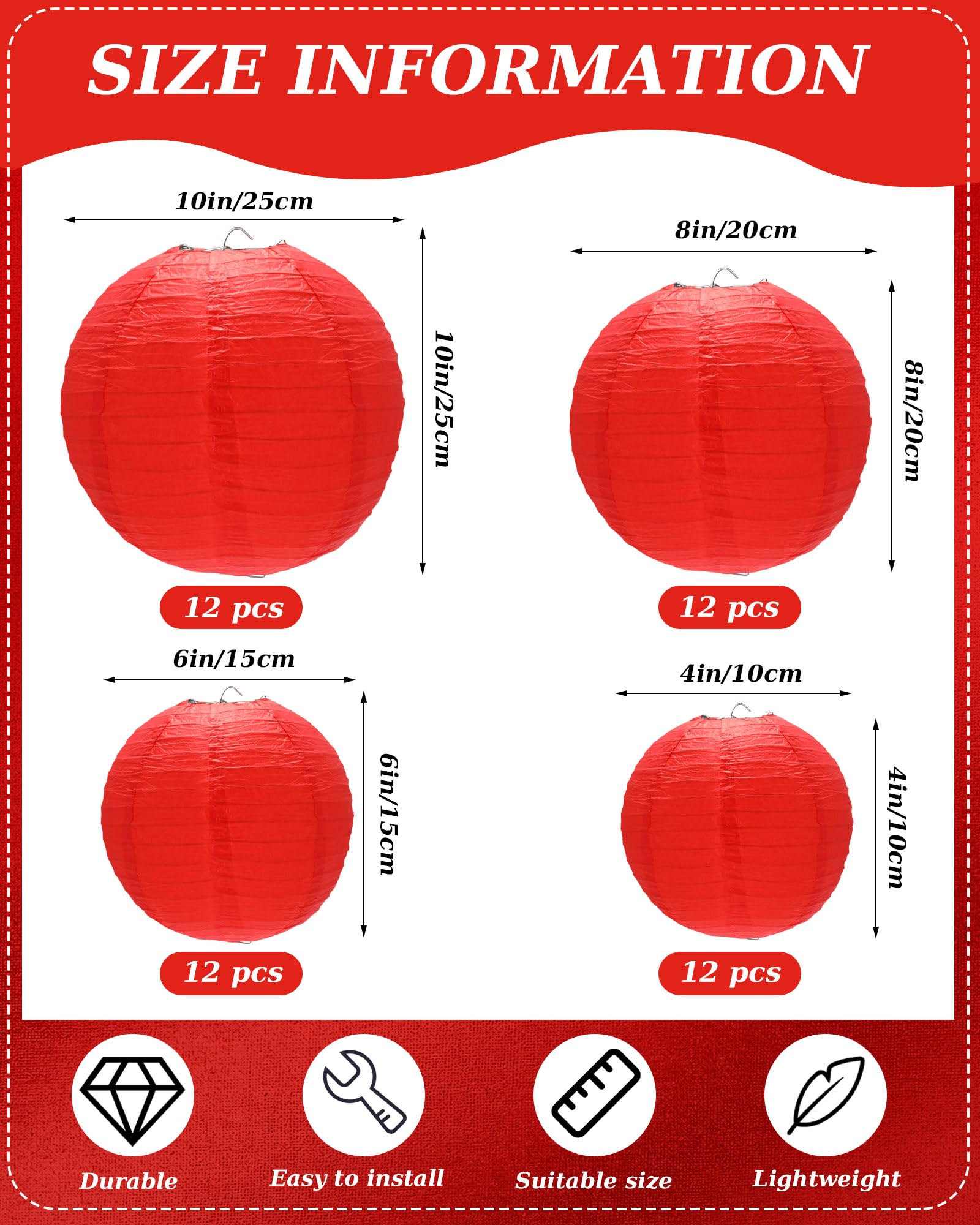 Treela 48 Pcs Paper Lanterns, Red Chinese Round Hanging Lamps, Decorative for Birthday Parties, 4/6/8/10 Inch, Paper Material