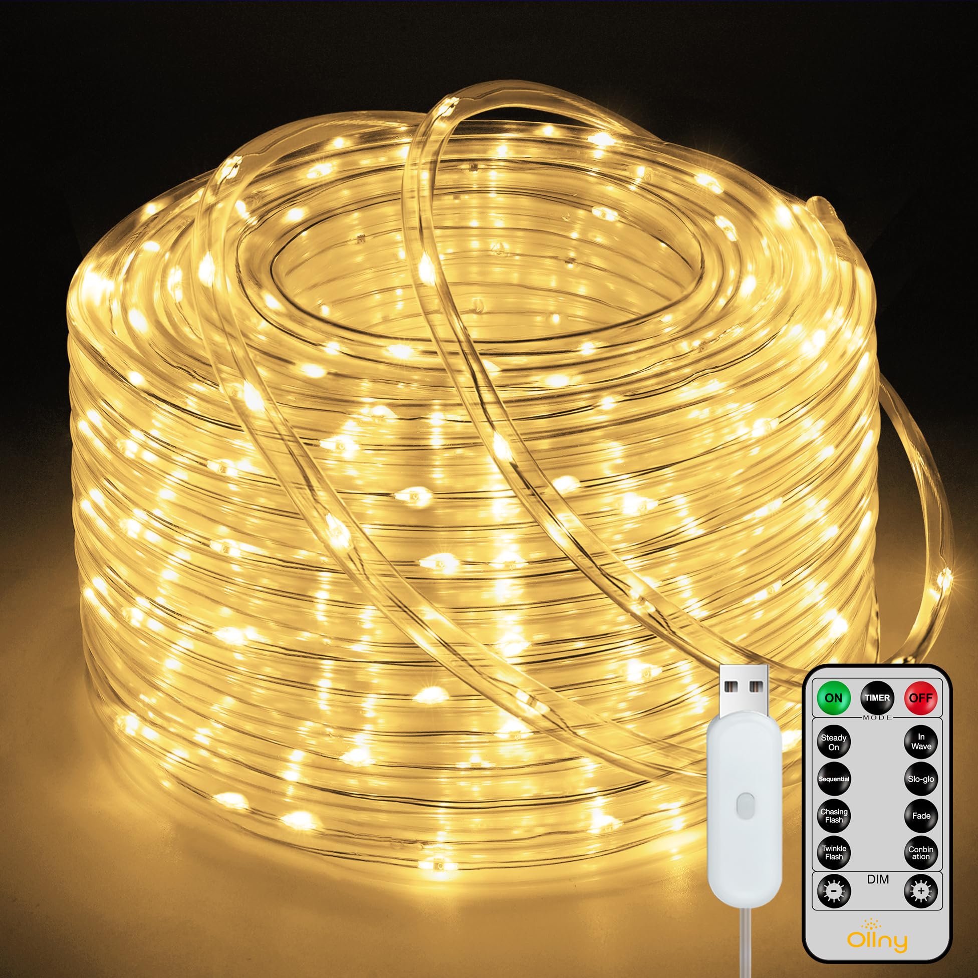 Ollny Rope Lights 33FT 100 LED, USB Warm White String Lights with Remote, 8 Modes IP68 Waterproof Timer Fairys Lights for Indoor Outdoor Bedroom House Party Christmas Decorations