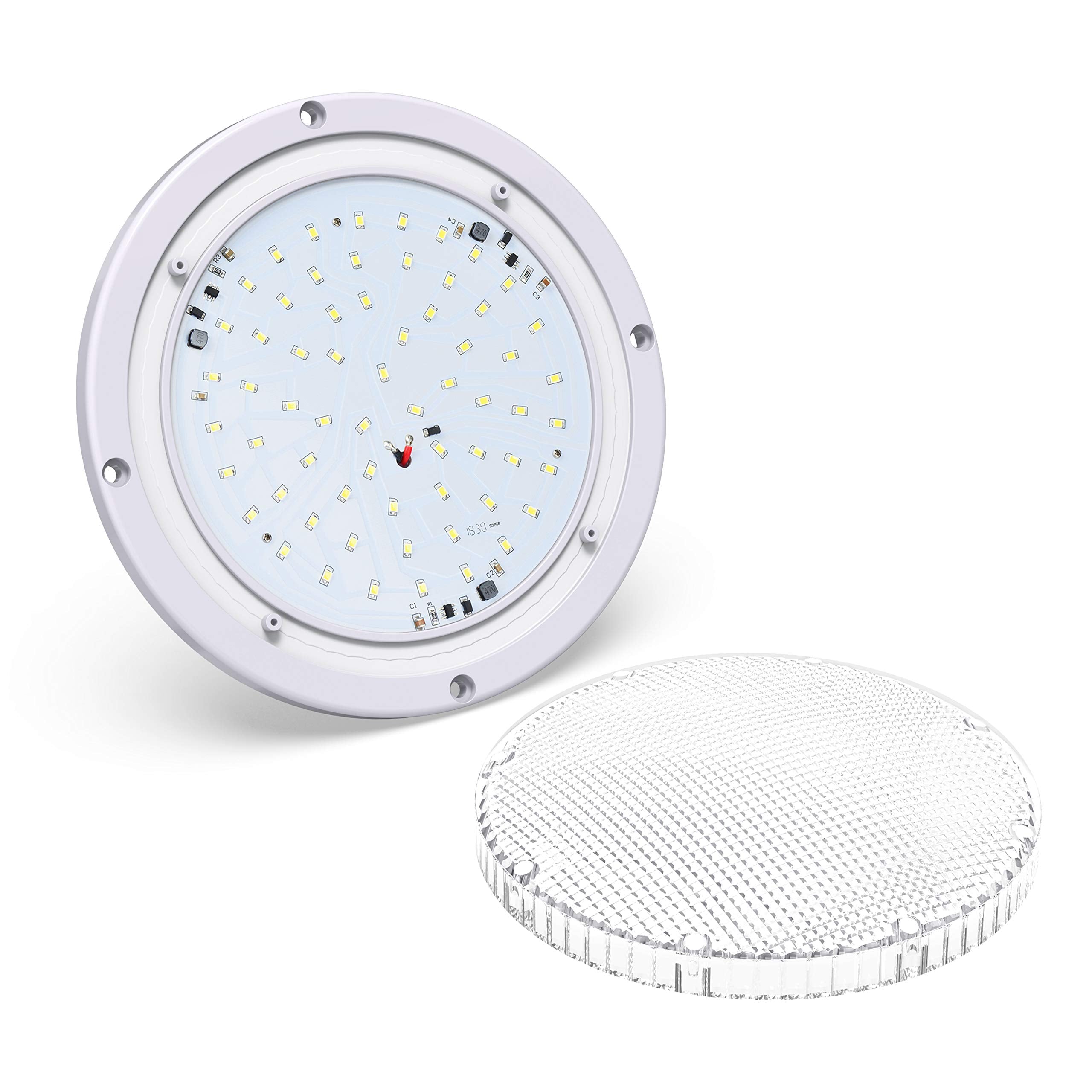RV Trailer Camper 5th Wheel White 8.5 Round Scare Porch 12V LED Light 600 LM Light Only (LED Light)