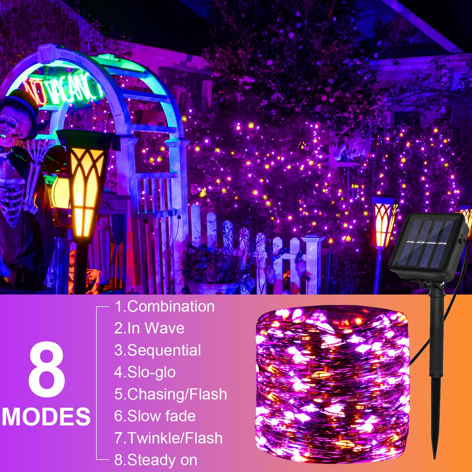 Solar Powered String Lights Outdoor, Purple Orange 2 Pack Total 200 Led 66Ft Solar Powered Halloween Decorative Fairy Lights 8 M